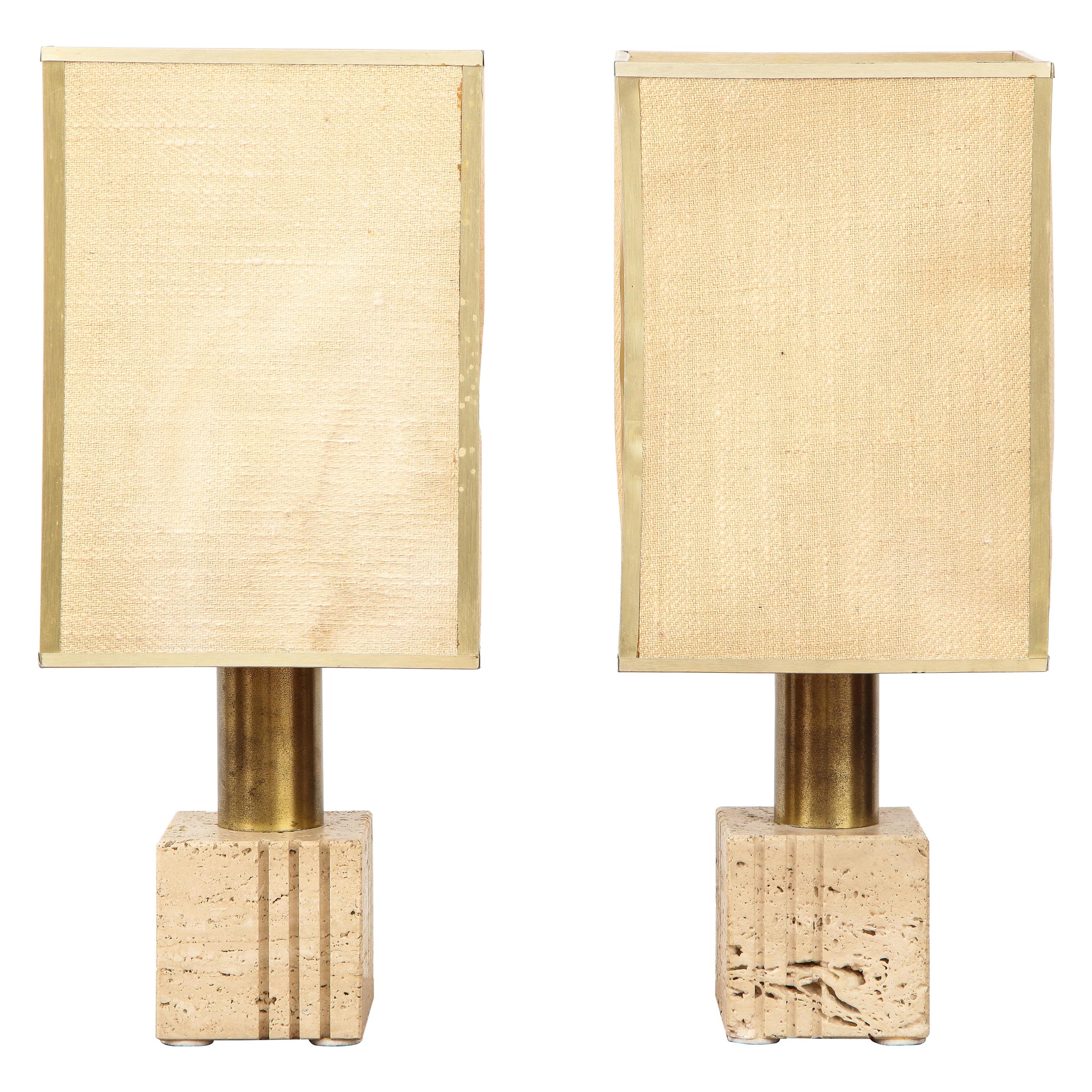 Pair of Travertine and Brass Table Lamps by Fratelli Mannelli, Italian, 1970s