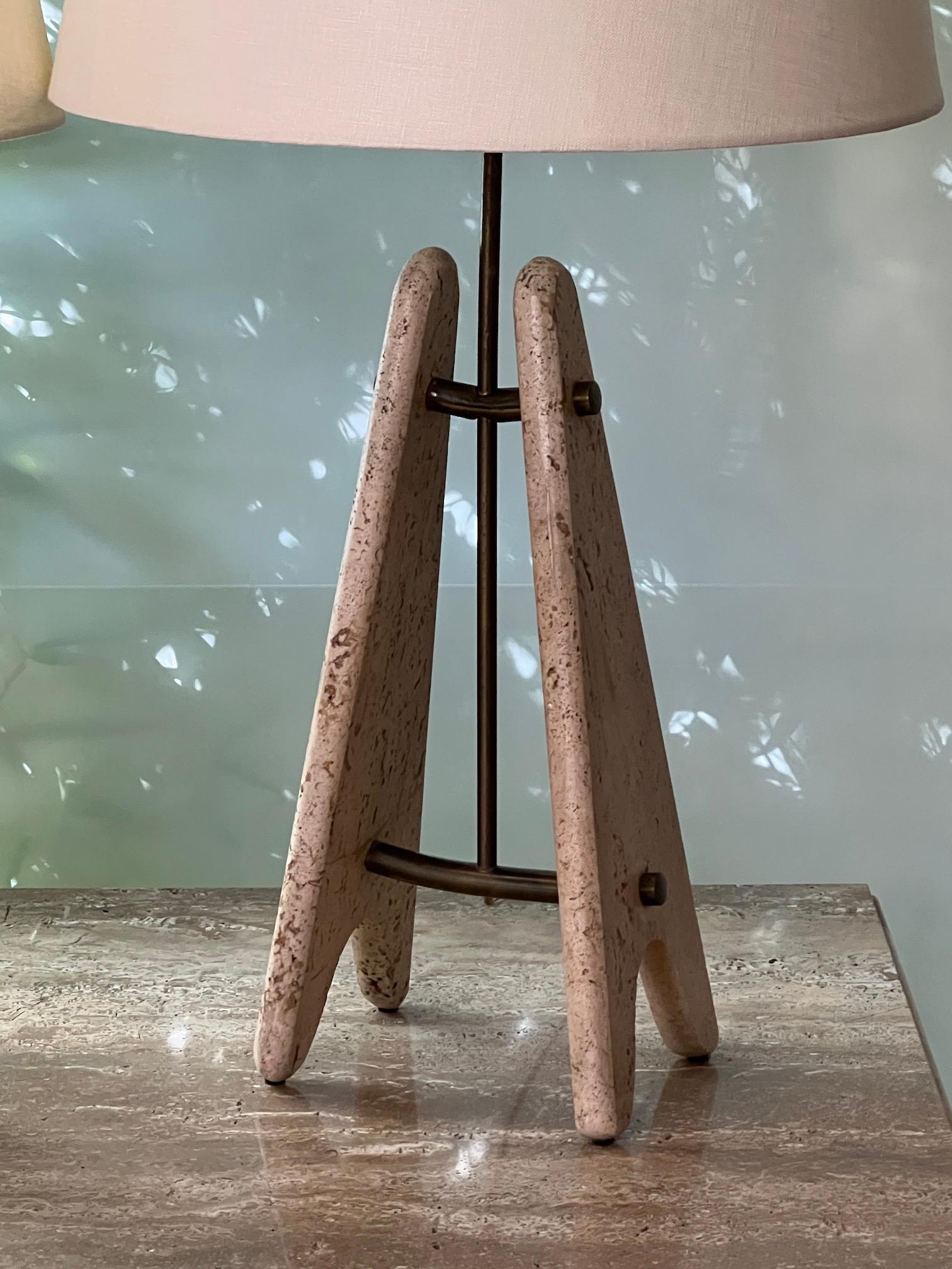 Pair of Travertine and Brass Table Lamps 6