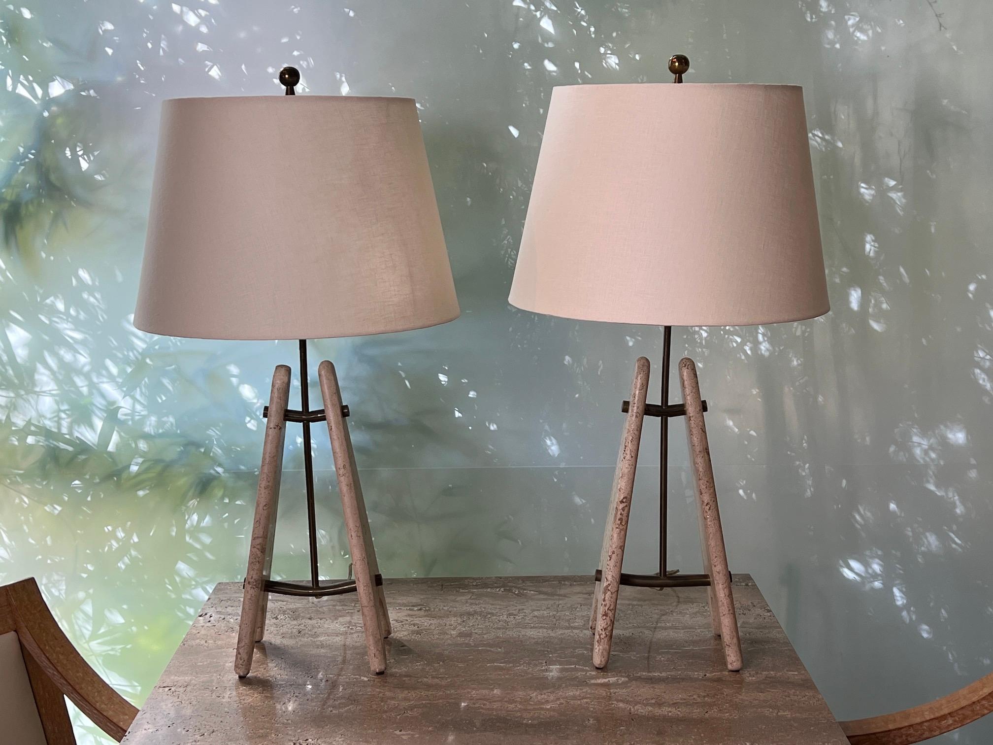 Pair of Travertine and Brass Table Lamps 9