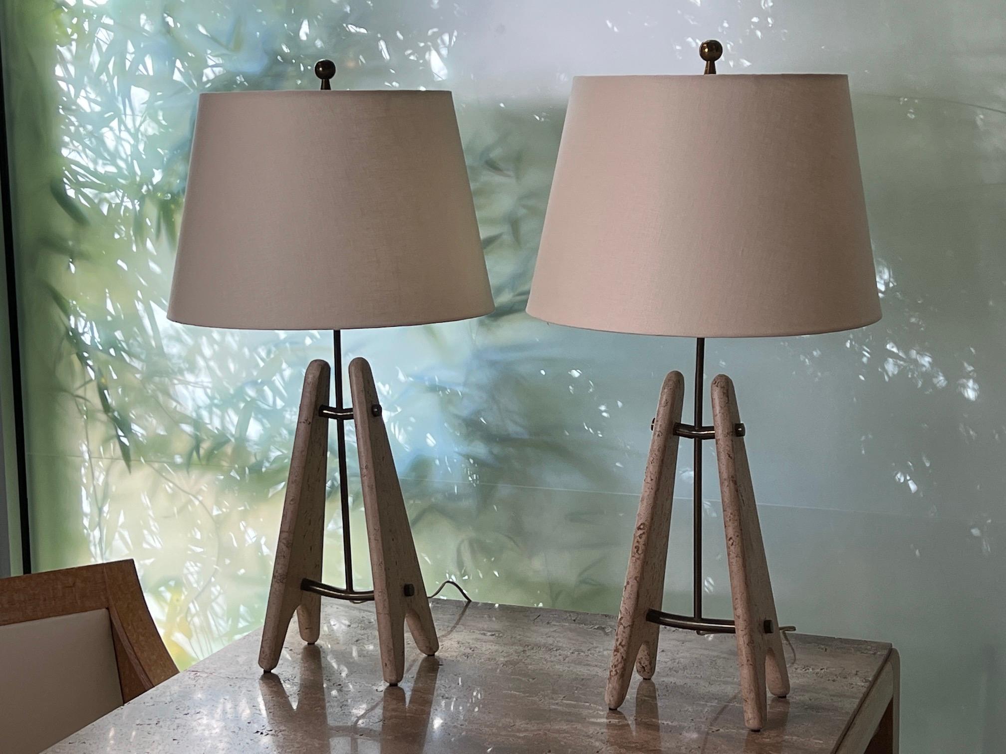 Pair of Travertine and Brass Table Lamps 10