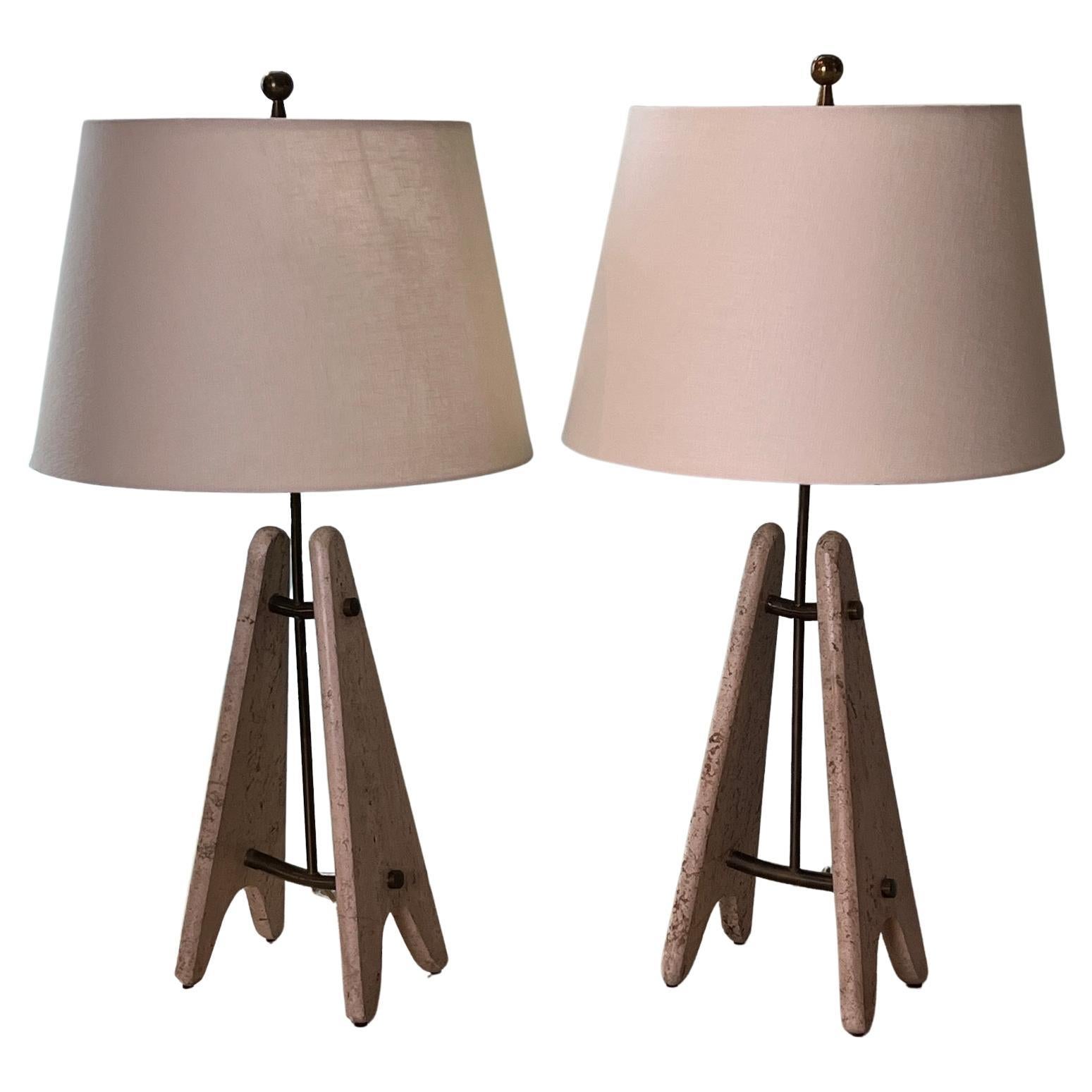 Pair of Travertine and Brass Table Lamps