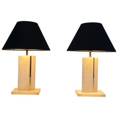 Pair of Travertine and Brass Table Lamps with Black Shintz Shades Gold Inside