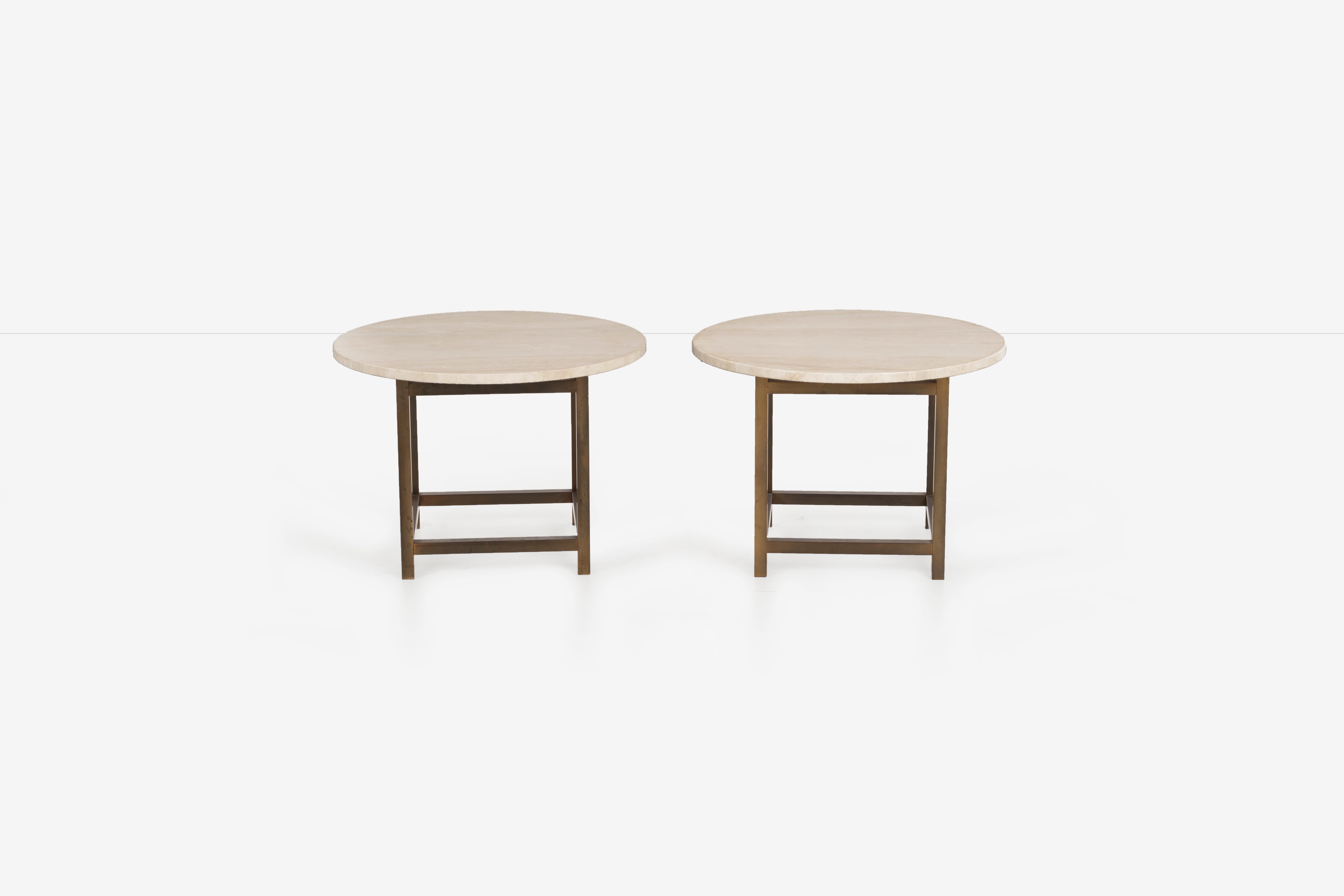 Mid-Century Modern Pair of Travertine and Bronze Laverne Style End Tables