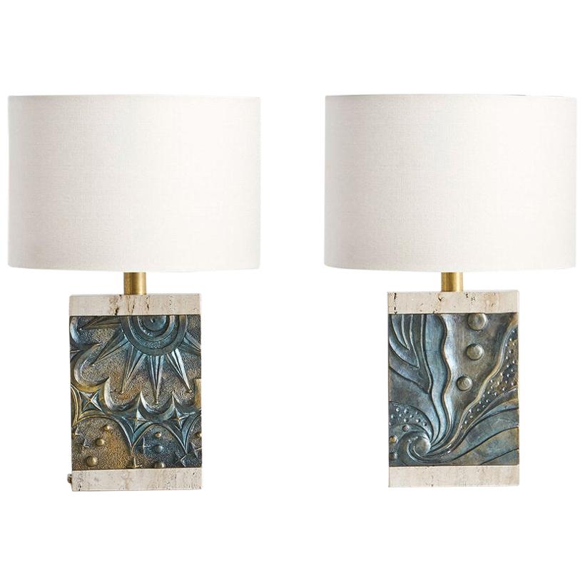 Pair of Travertine and Bronze Table Lamps