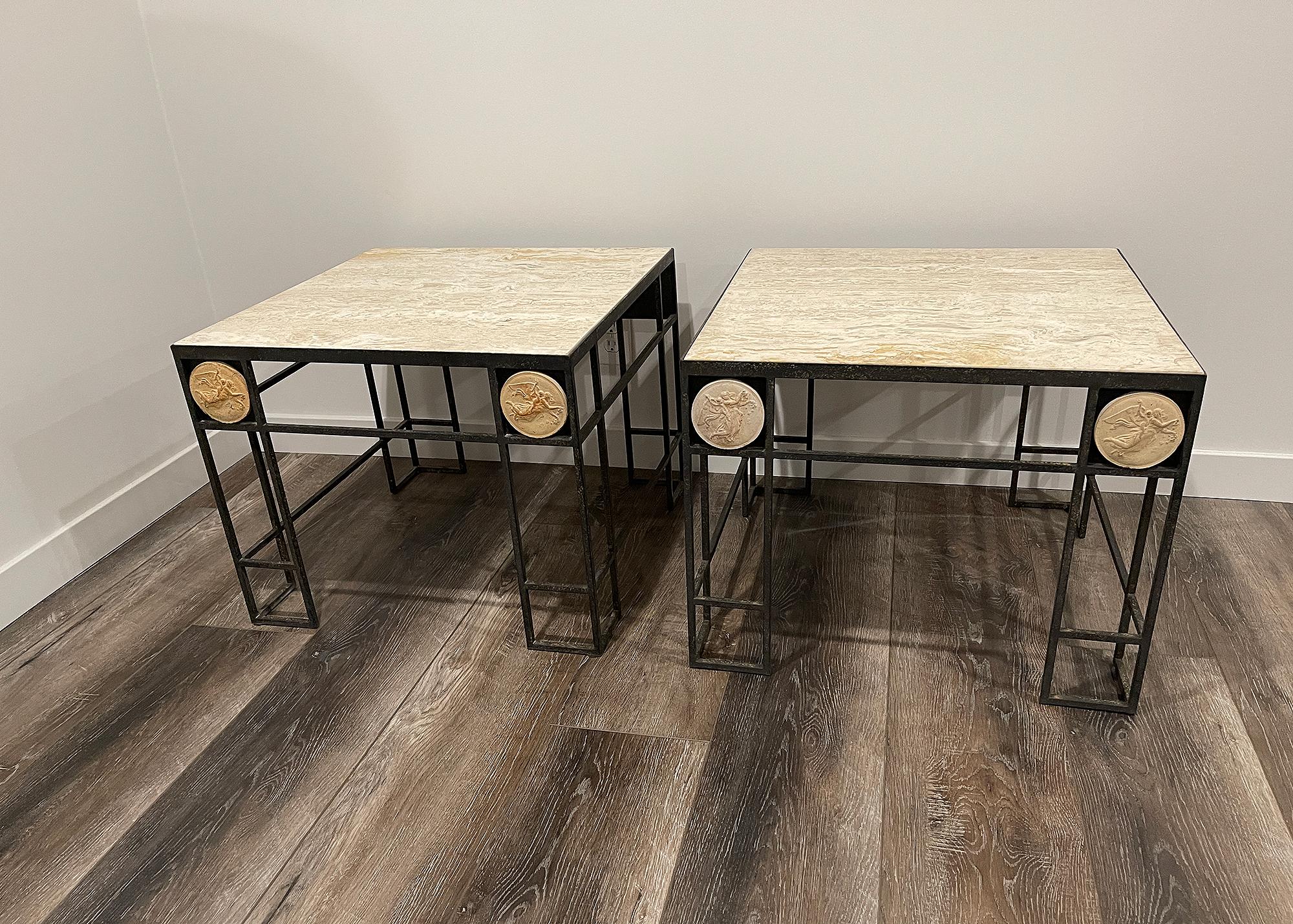 Pair of Travertine and Iron Coffee Tables, France, 1950 For Sale 5