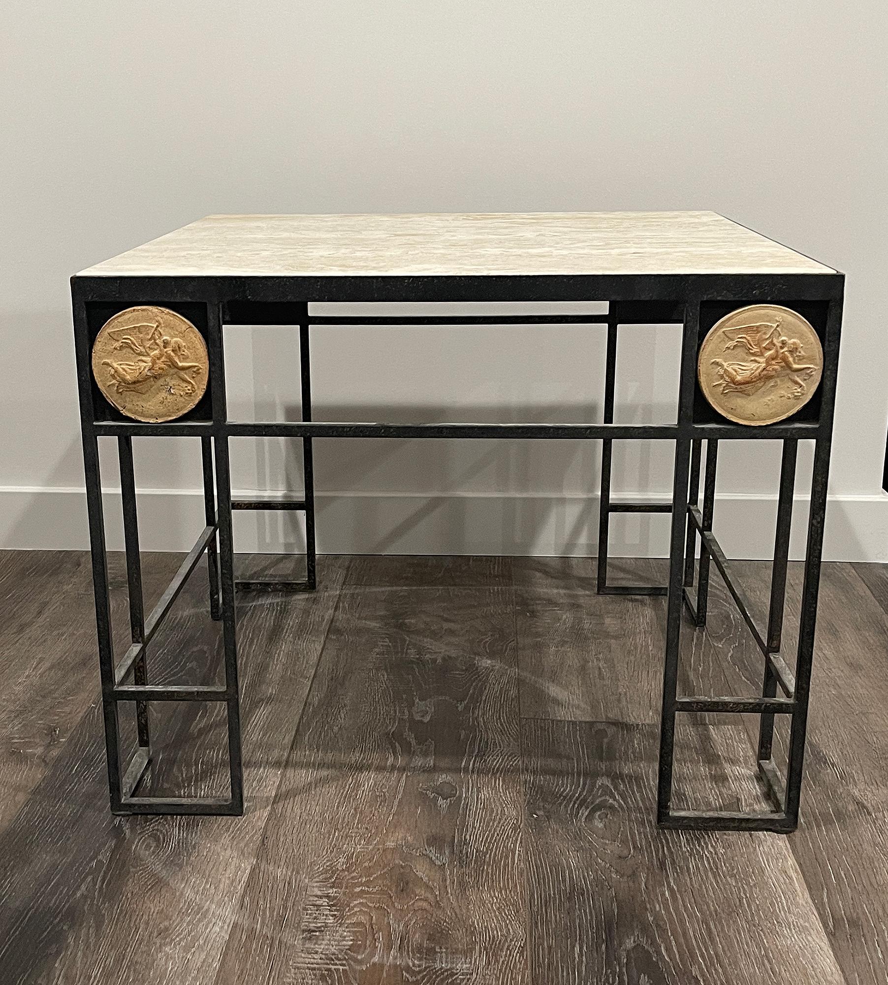Presumably unique - Pair of square wrought iron coffee tables with travertine tops. Originally these come from a set of six that were used in the lobby of a hotel in Paris. We have already sold four, this is our last pair.
Each table comes with a