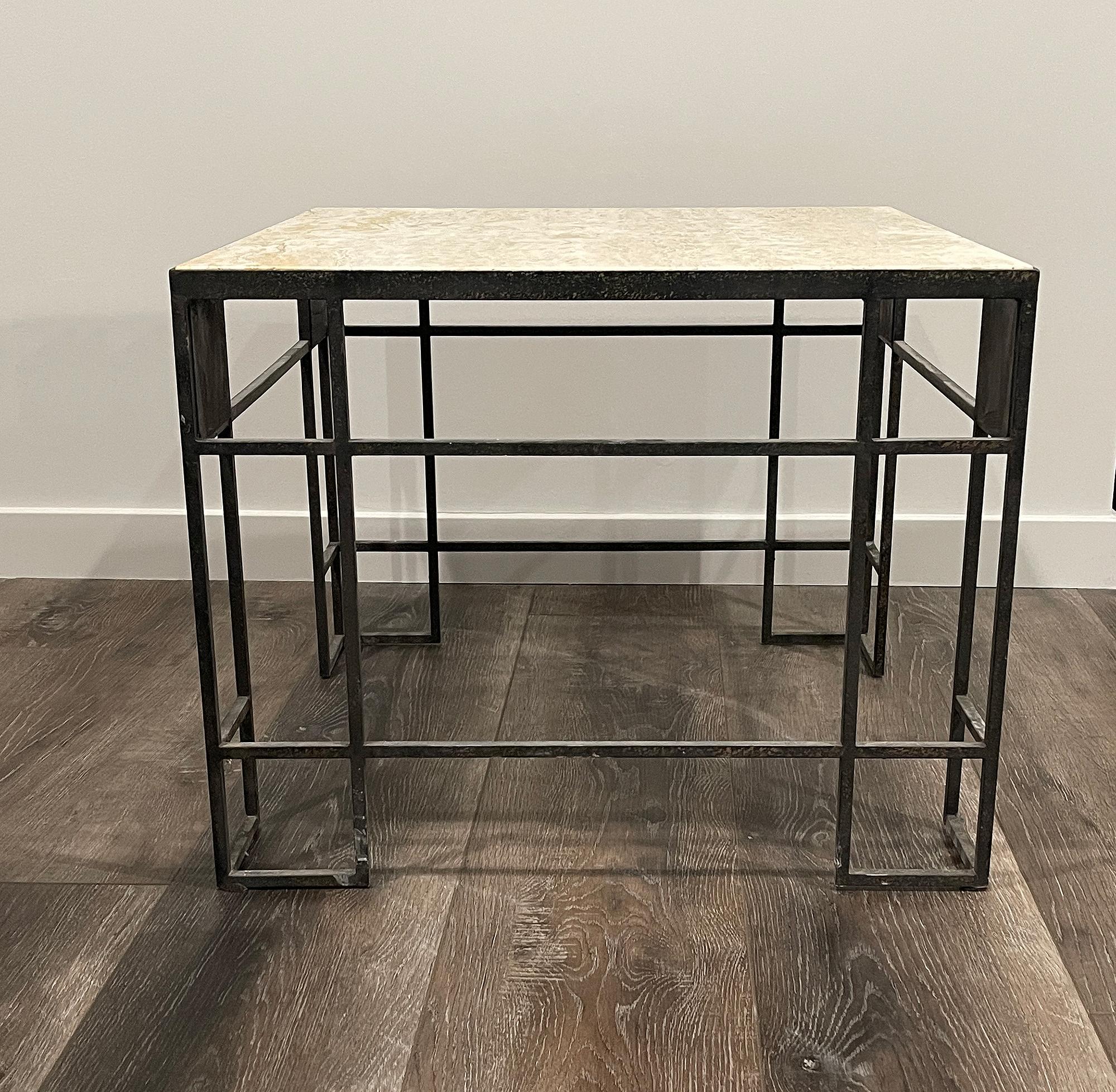 European Pair of Travertine and Iron Coffee Tables, France, 1950 For Sale