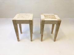 Pair of Travertine and Marble Side Table by Maitland Smith