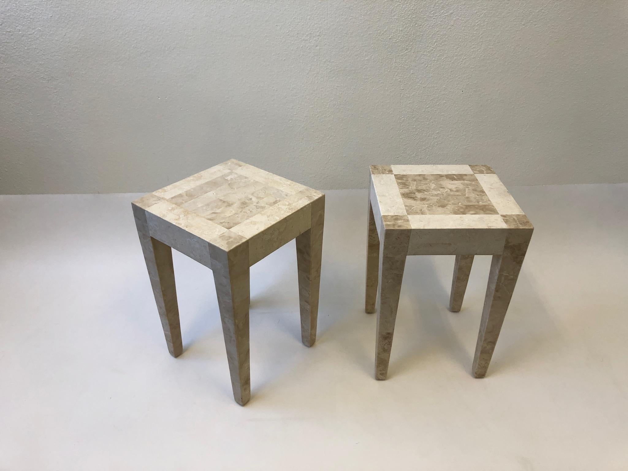 Modern Pair of Travertine and Marble Side Table by Maitland Smith