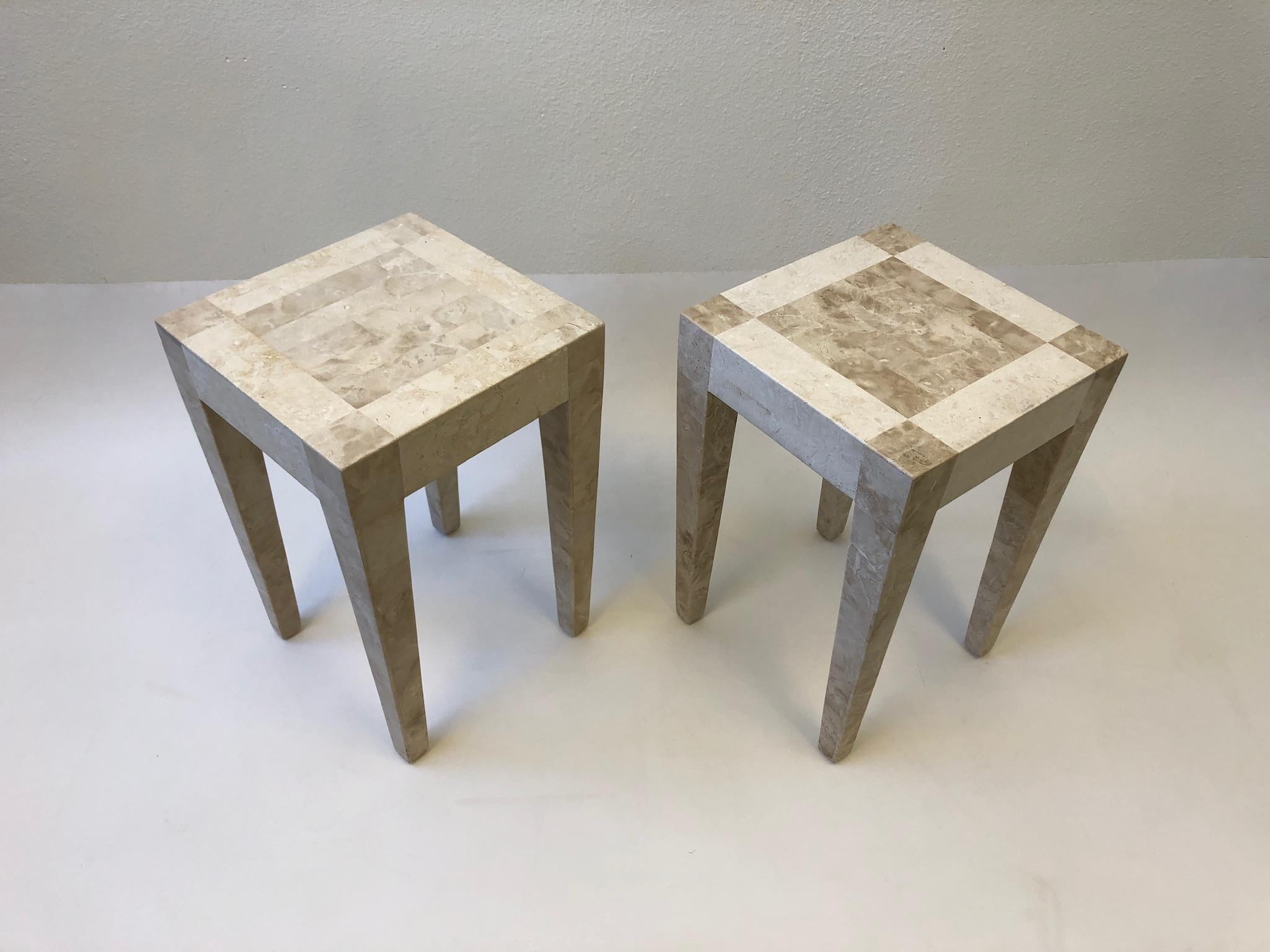 American Pair of Travertine and Marble Side Table by Maitland Smith