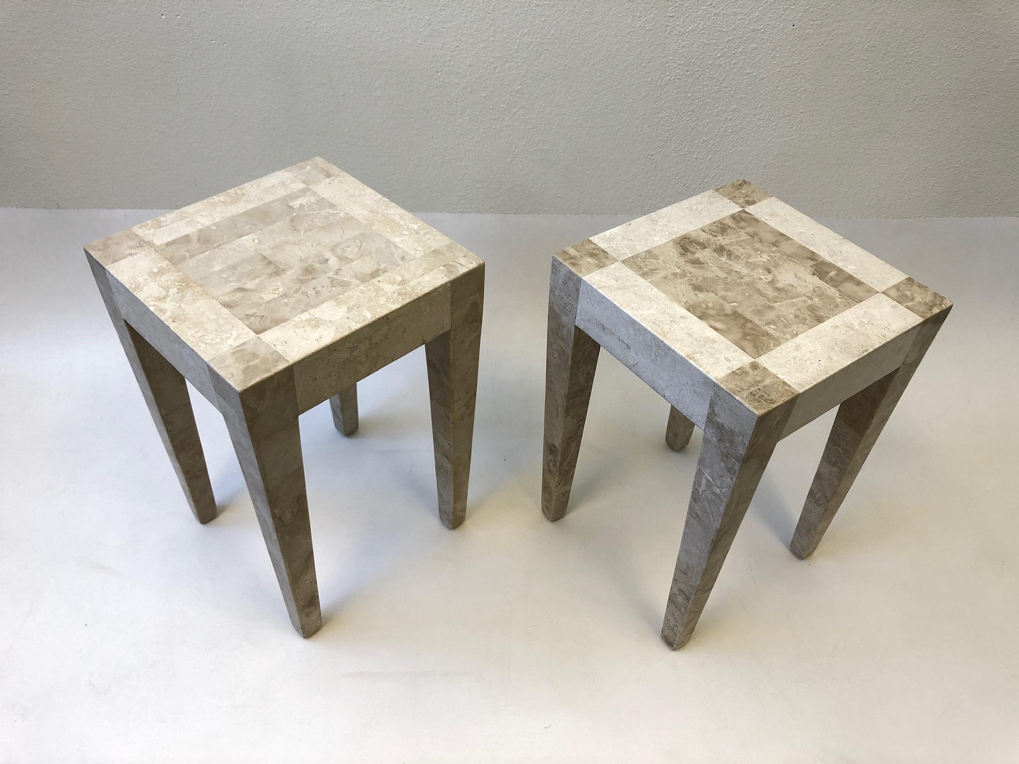 Pair of Travertine and Marble Side Table by Maitland Smith In Excellent Condition In Palm Springs, CA