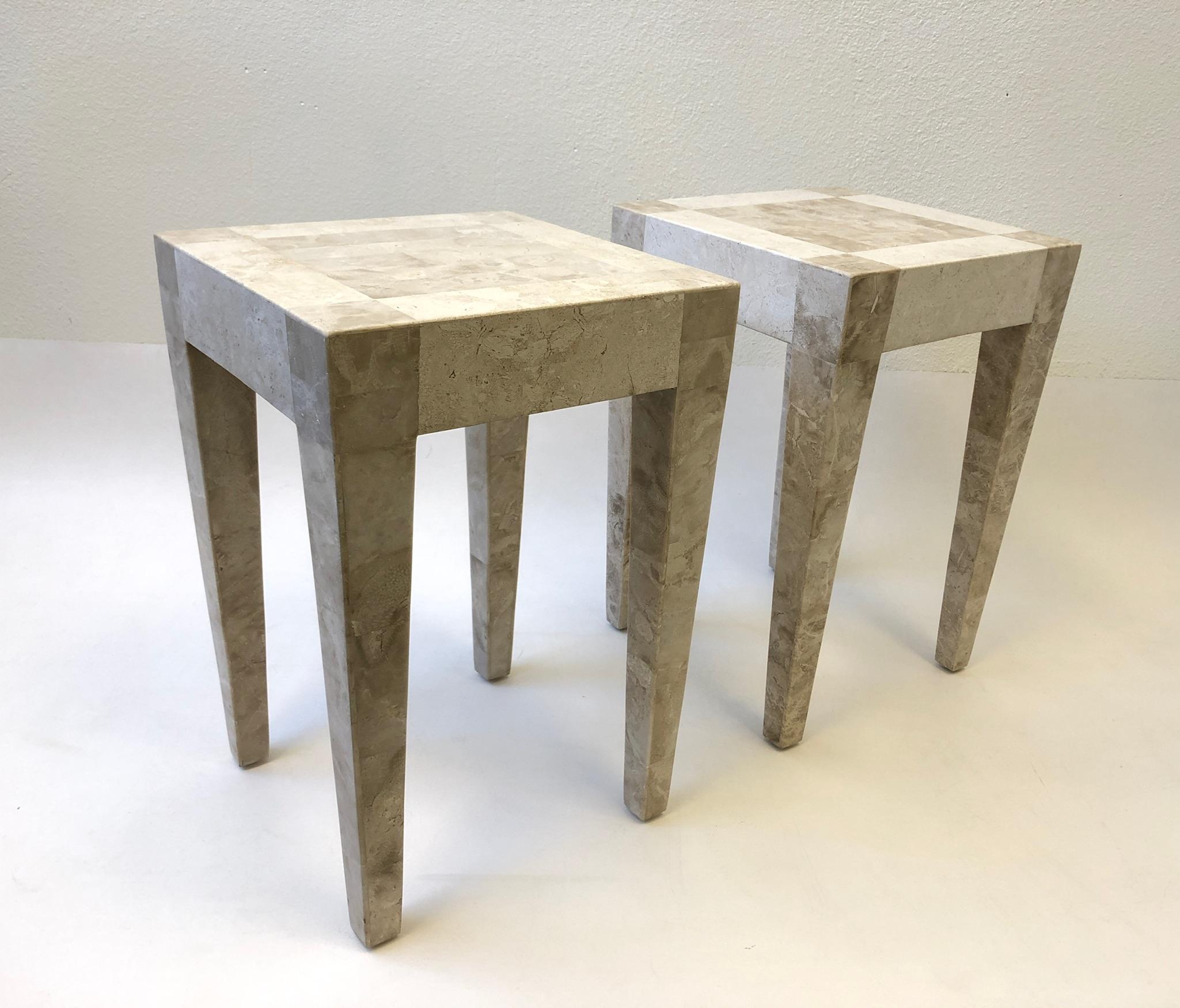 Late 20th Century Pair of Travertine and Marble Side Table by Maitland Smith