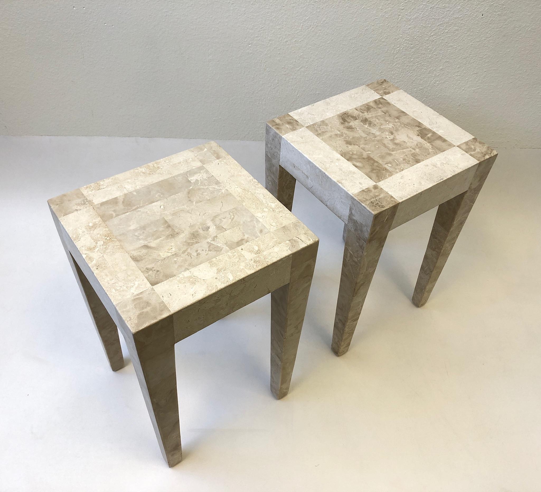 Pair of Travertine and Marble Side Table by Maitland Smith 1