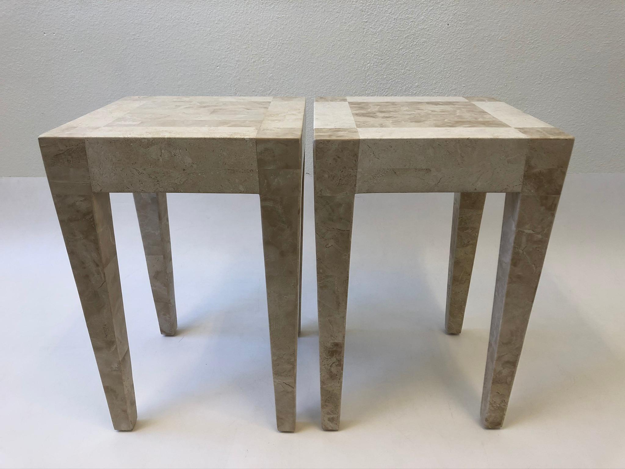 Pair of Travertine and Marble Side Table by Maitland Smith 2
