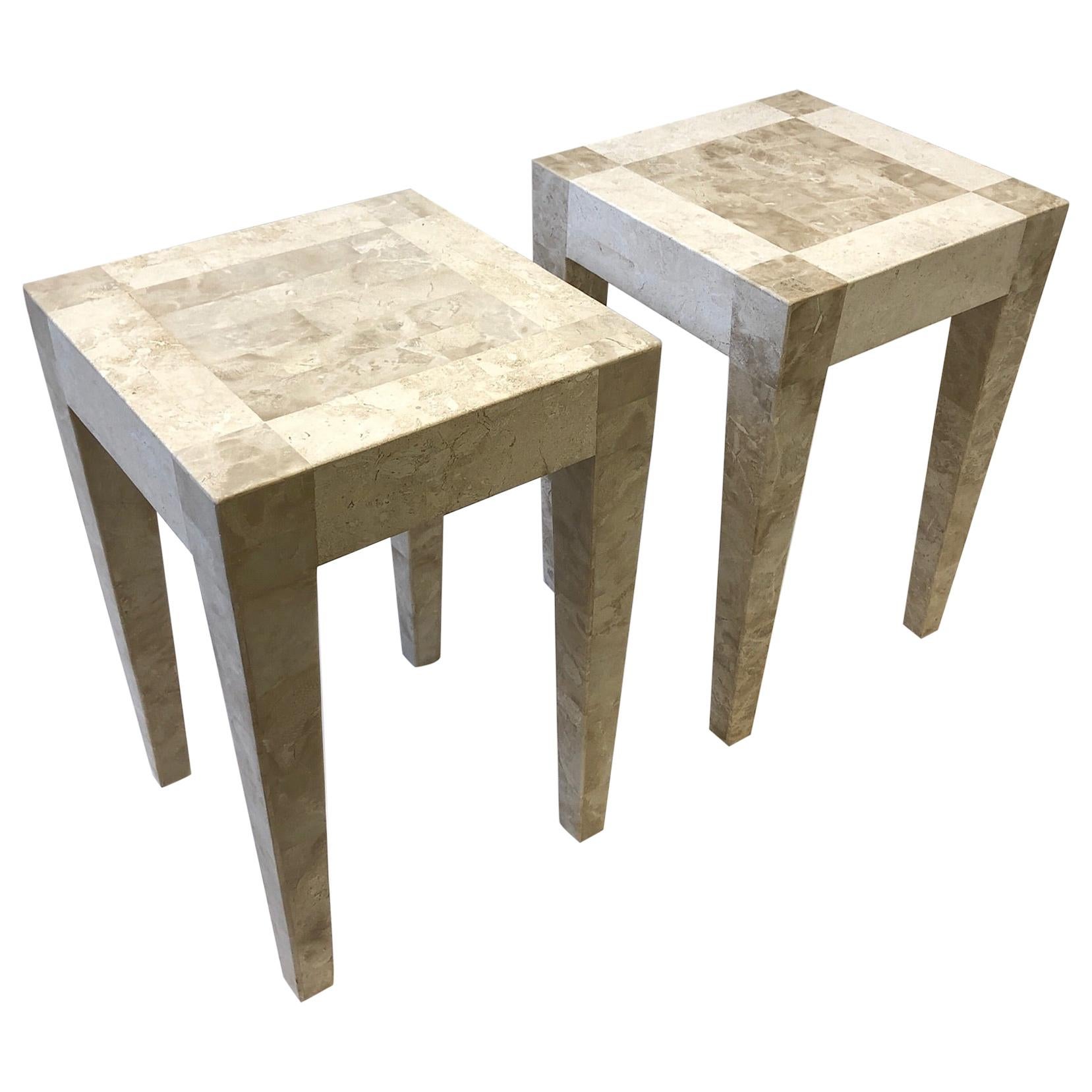 Pair of Travertine and Marble Side Table by Maitland Smith