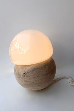 Pair of Travertine and Opaline Glass Culbuto Lamps Italy, 1980s