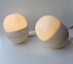 Pair of Travertine and Opaline Glass Culbuto Lamps Italy, 1980s