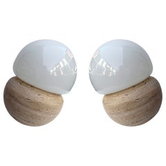 Pair of Travertine and Opaline Glass Culbuto Lamps Italy, 1980s