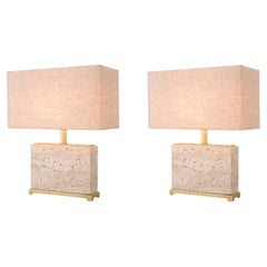 Pair of Travertine and Patinated Brass Table Lamps.