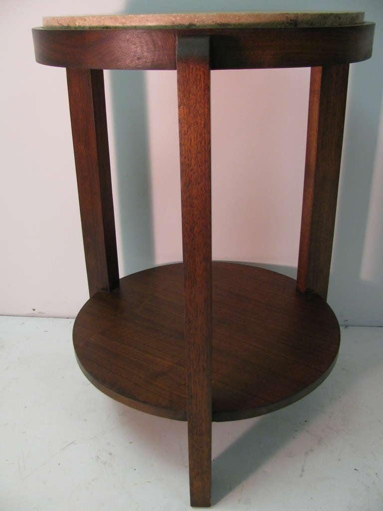 Pair of  Art Deco Mid-Century Modern Travertine & Walnut Gueridon End Tables For Sale 4