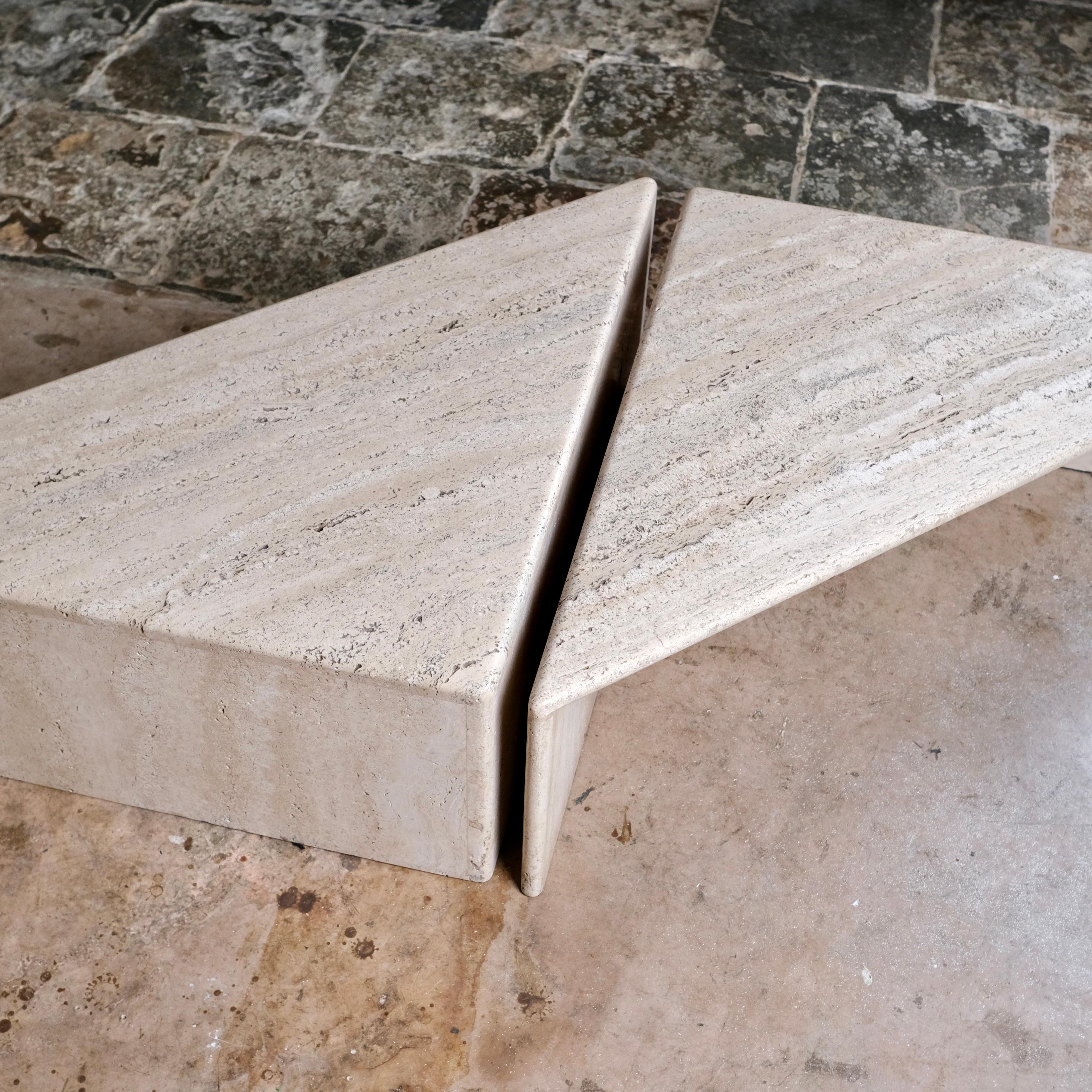 Pair of travertine angle coffee tables, Ligne Roset, France, 1970s 3