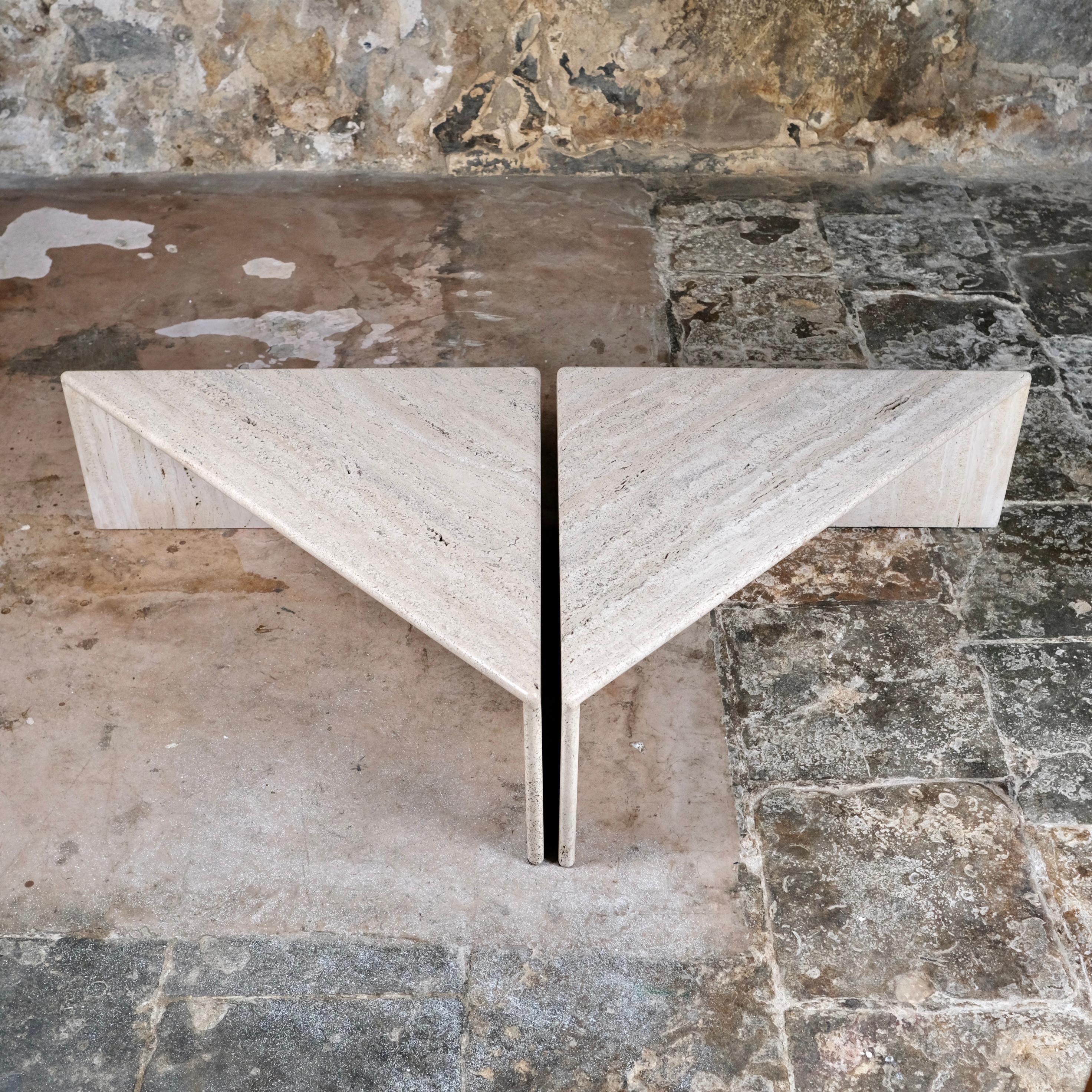 Pair of travertine angle coffee tables, Ligne Roset, France, 1970s 4