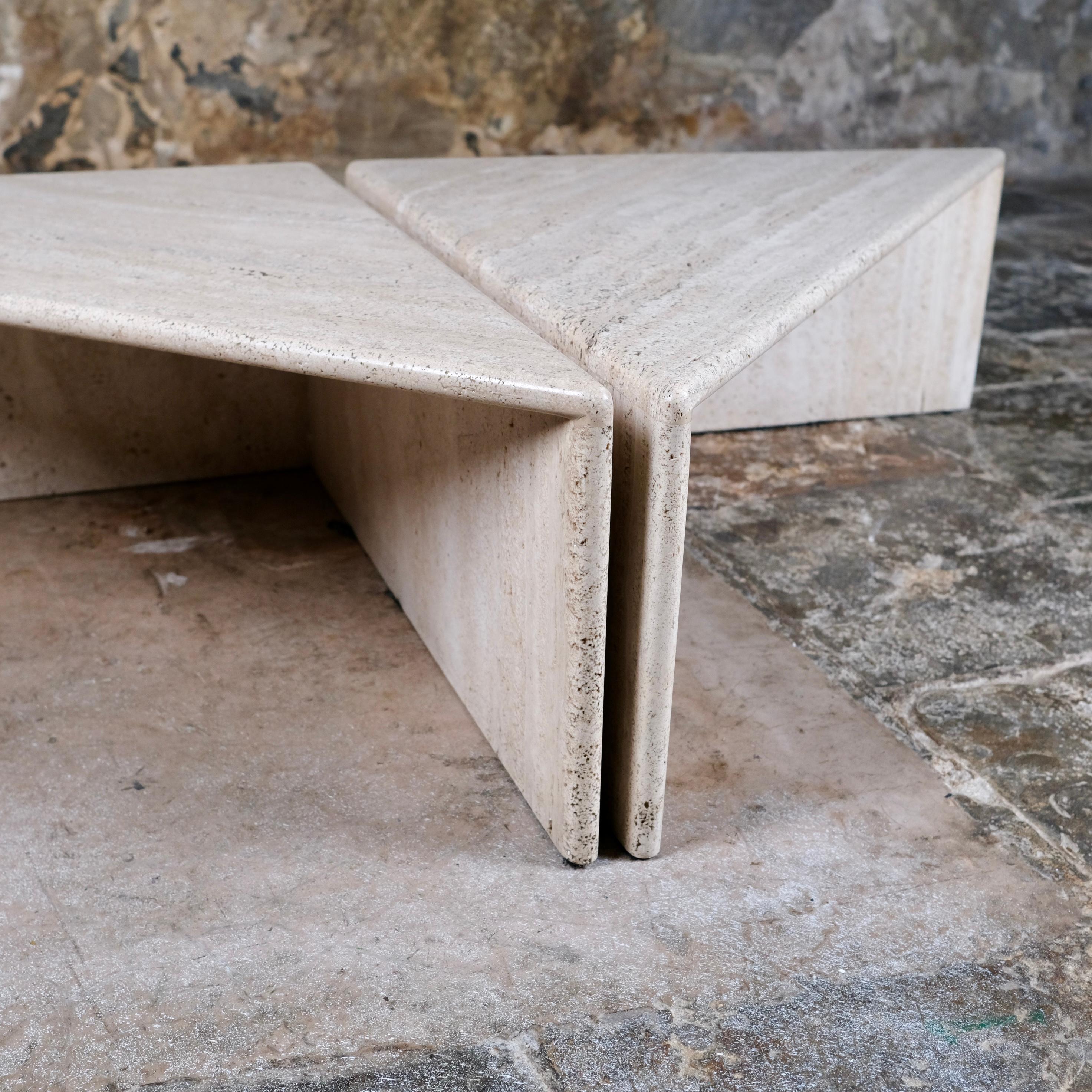 Pair of travertine angle coffee tables, Ligne Roset, France, 1970s 5