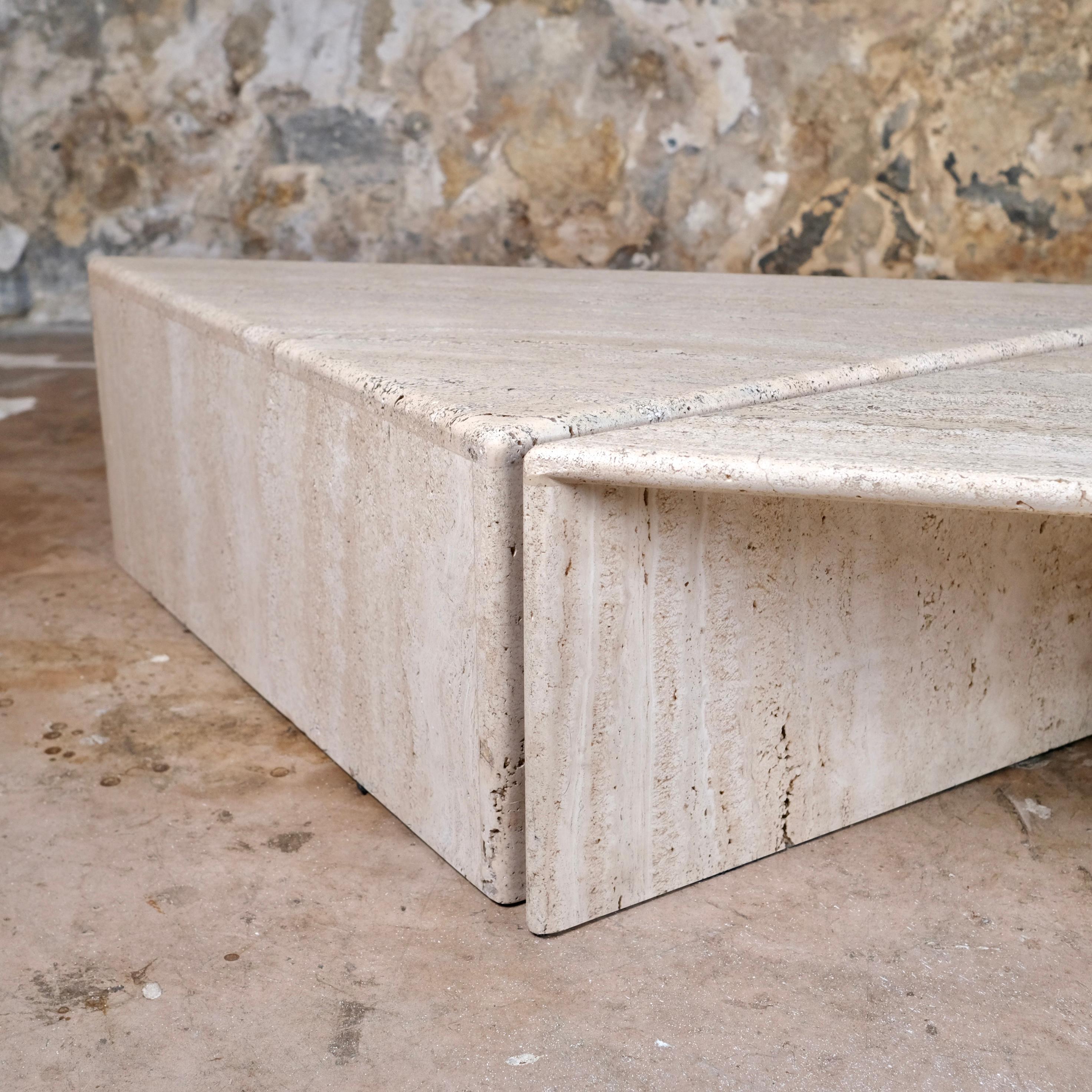 Pair of travertine angle coffee tables, Ligne Roset, France, 1970s 6