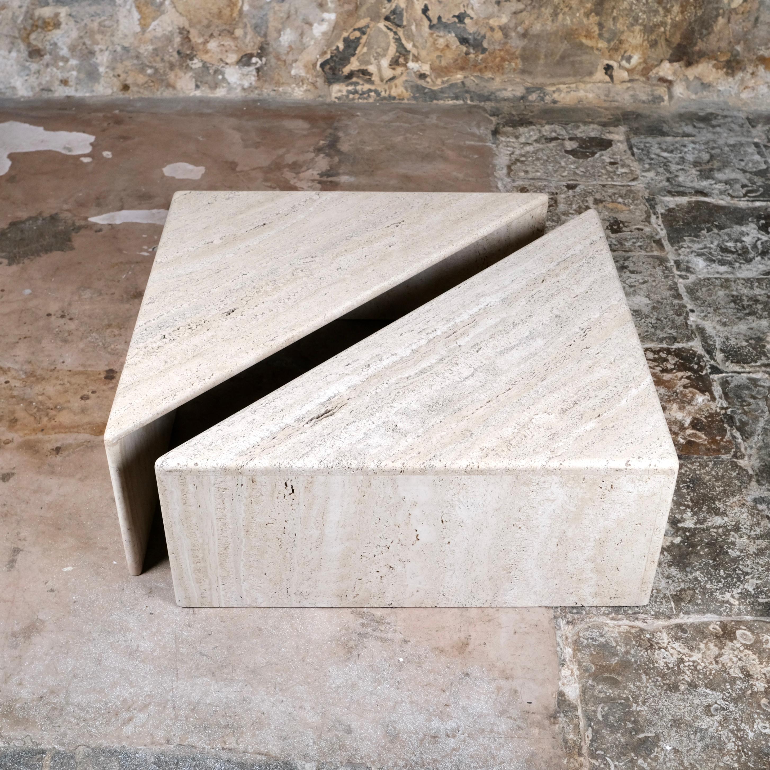 Mid-Century Modern Pair of travertine angle coffee tables, Ligne Roset, France, 1970s