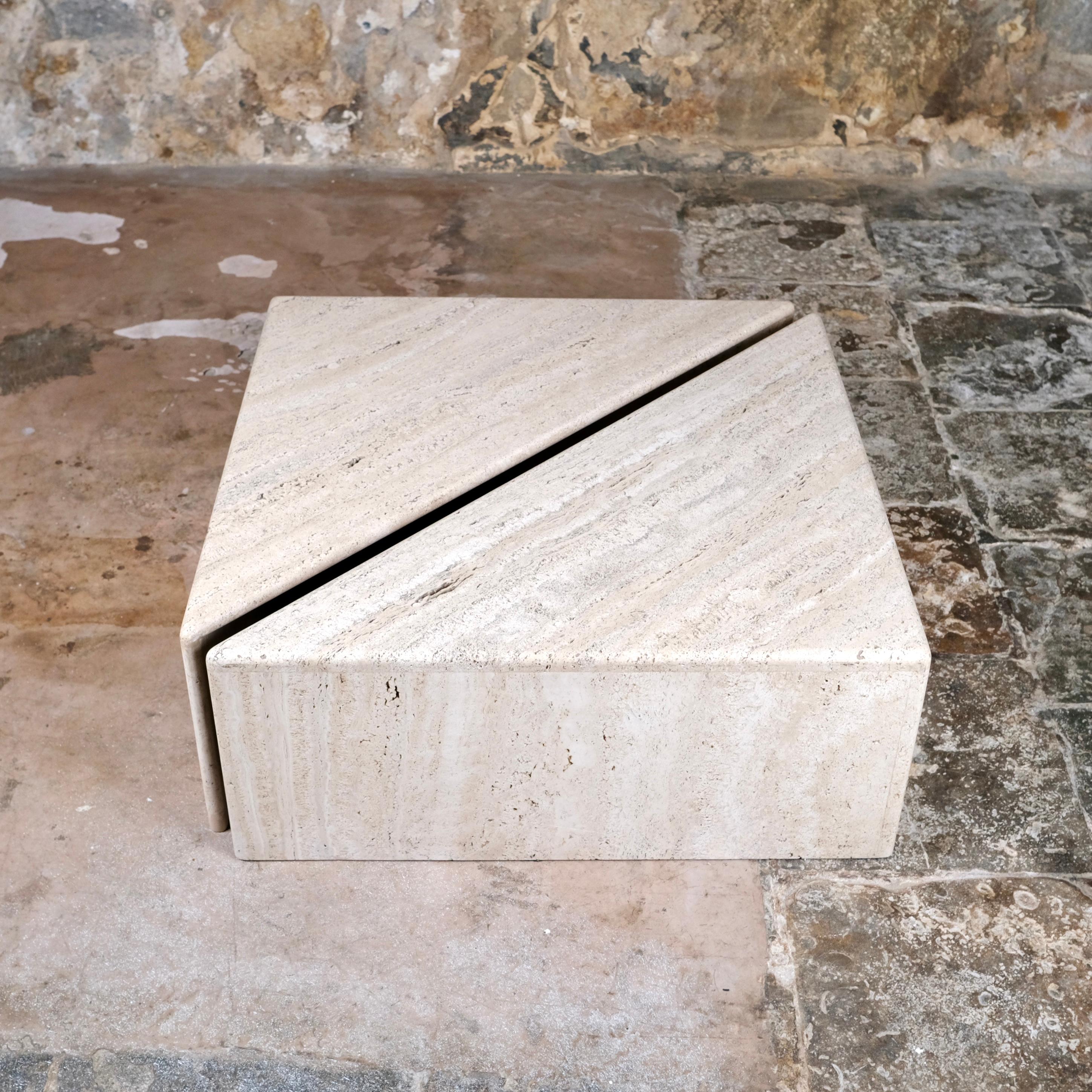 French Pair of travertine angle coffee tables, Ligne Roset, France, 1970s