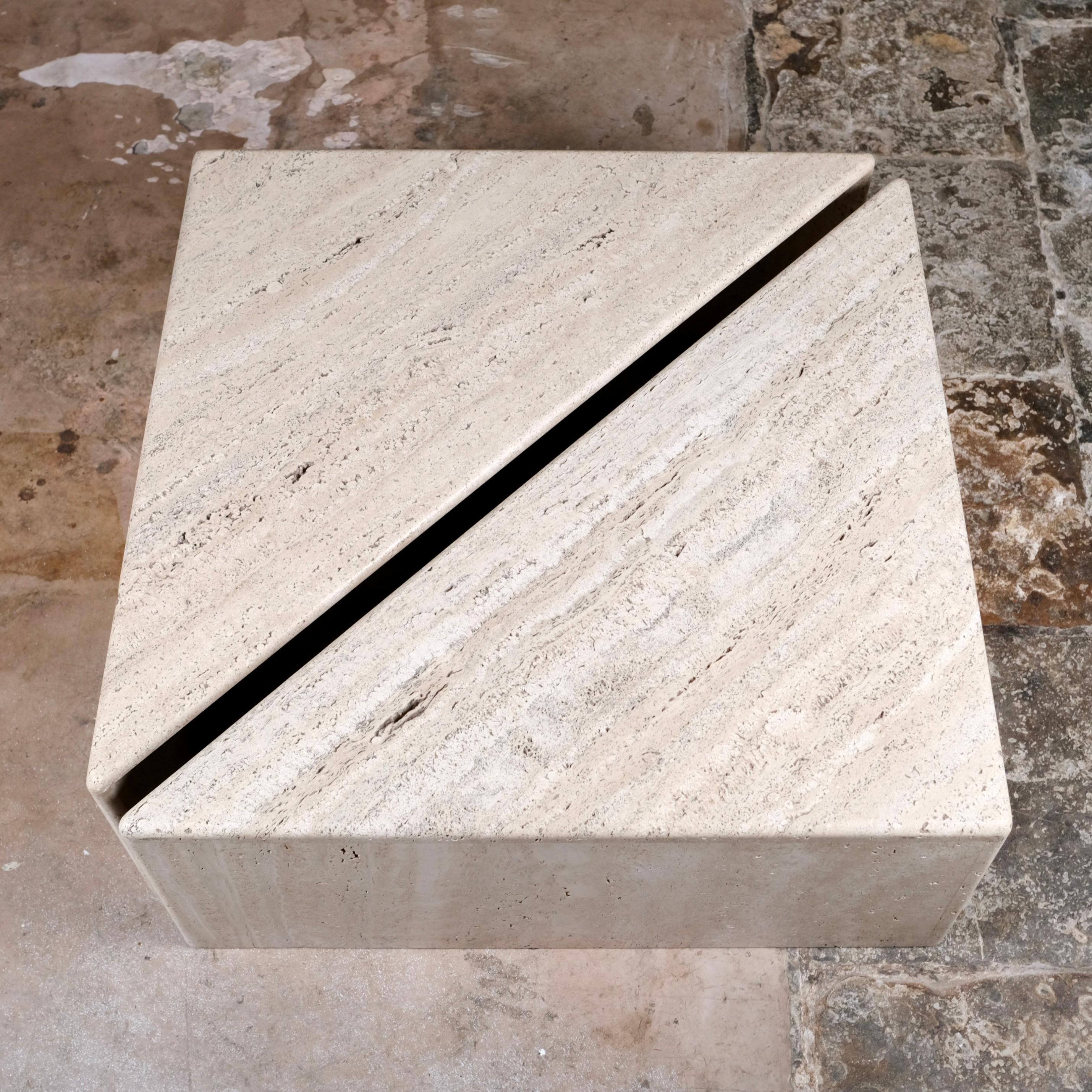 Pair of travertine angle coffee tables, Ligne Roset, France, 1970s In Good Condition In Lyon, FR
