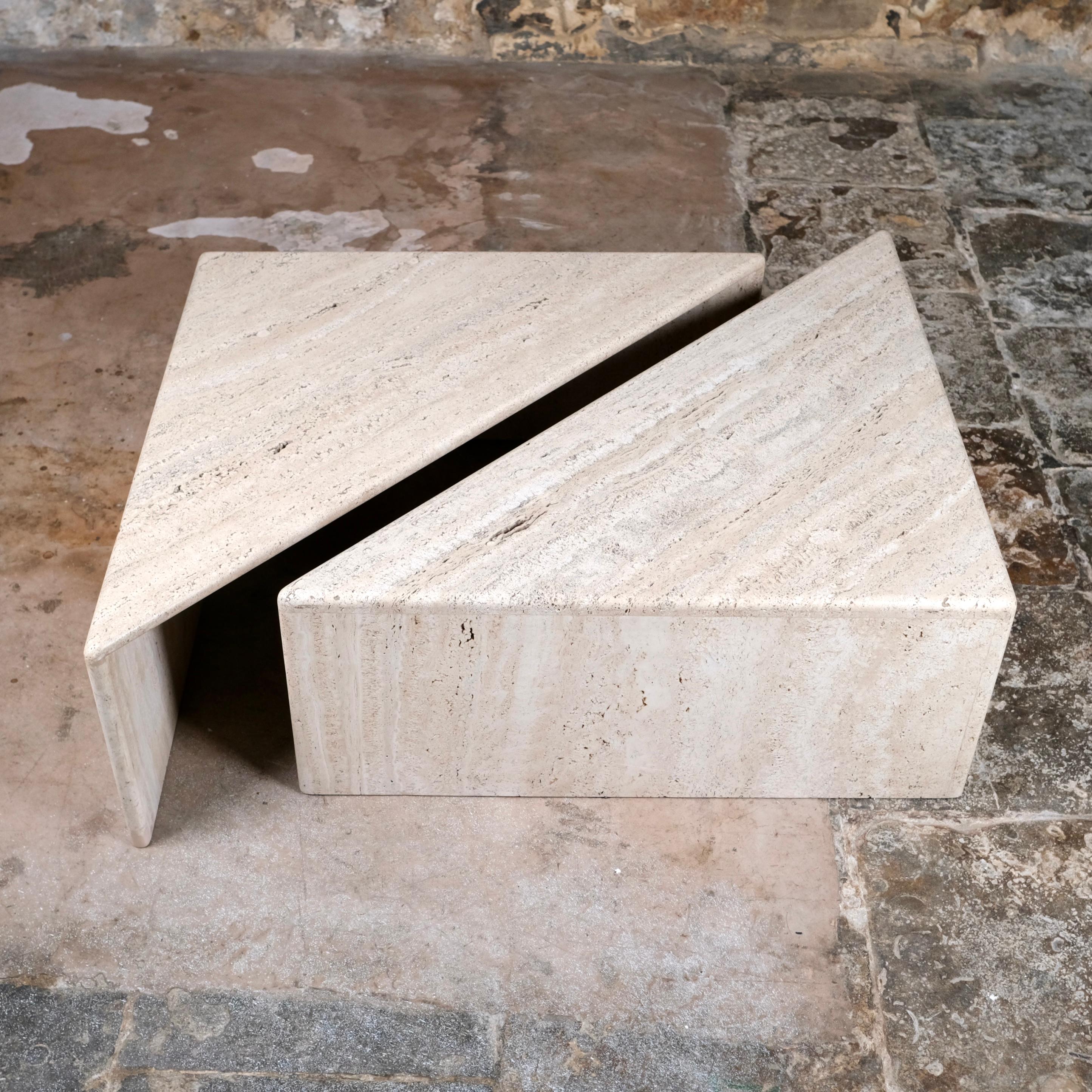 Late 20th Century Pair of travertine angle coffee tables, Ligne Roset, France, 1970s