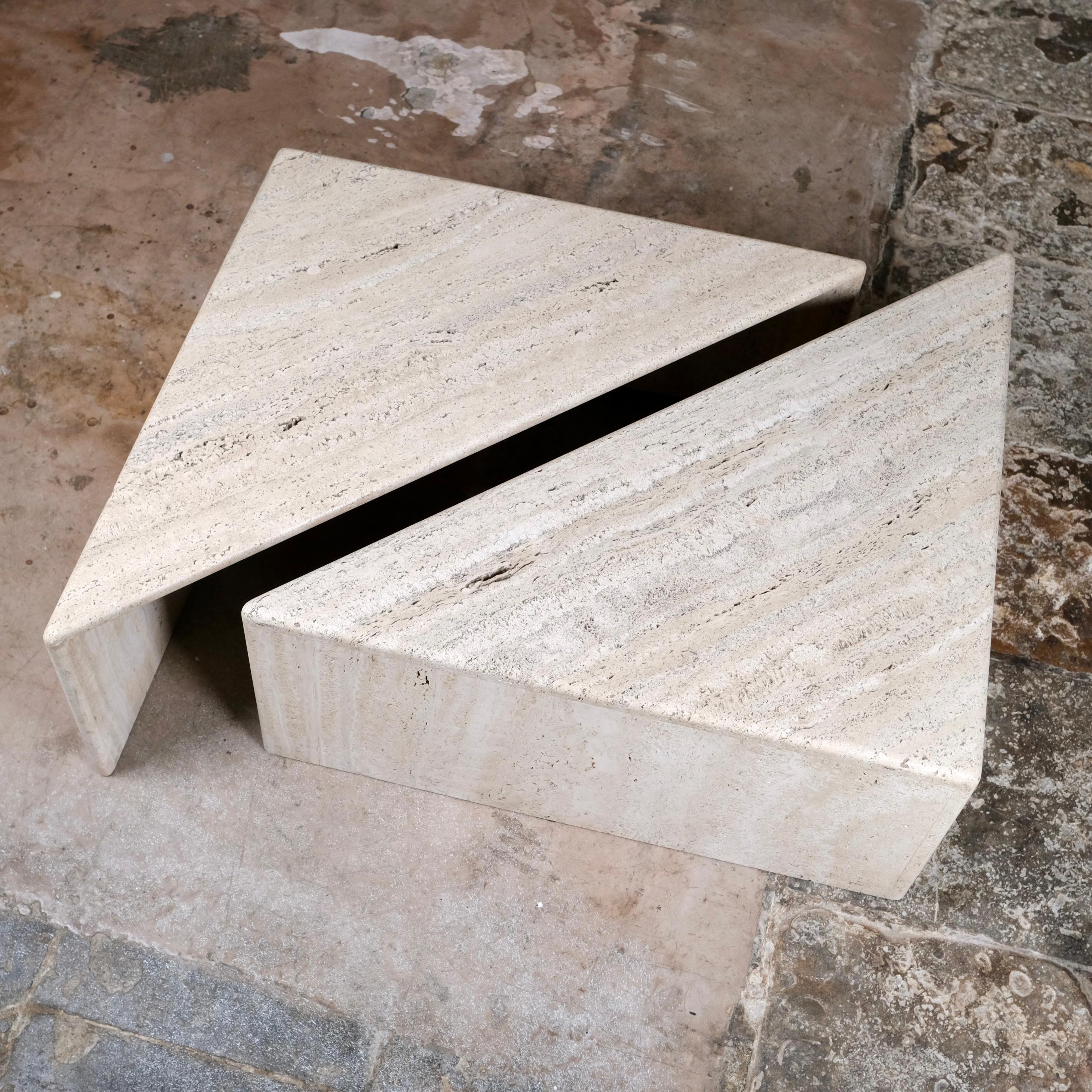 Travertine Pair of travertine angle coffee tables, Ligne Roset, France, 1970s