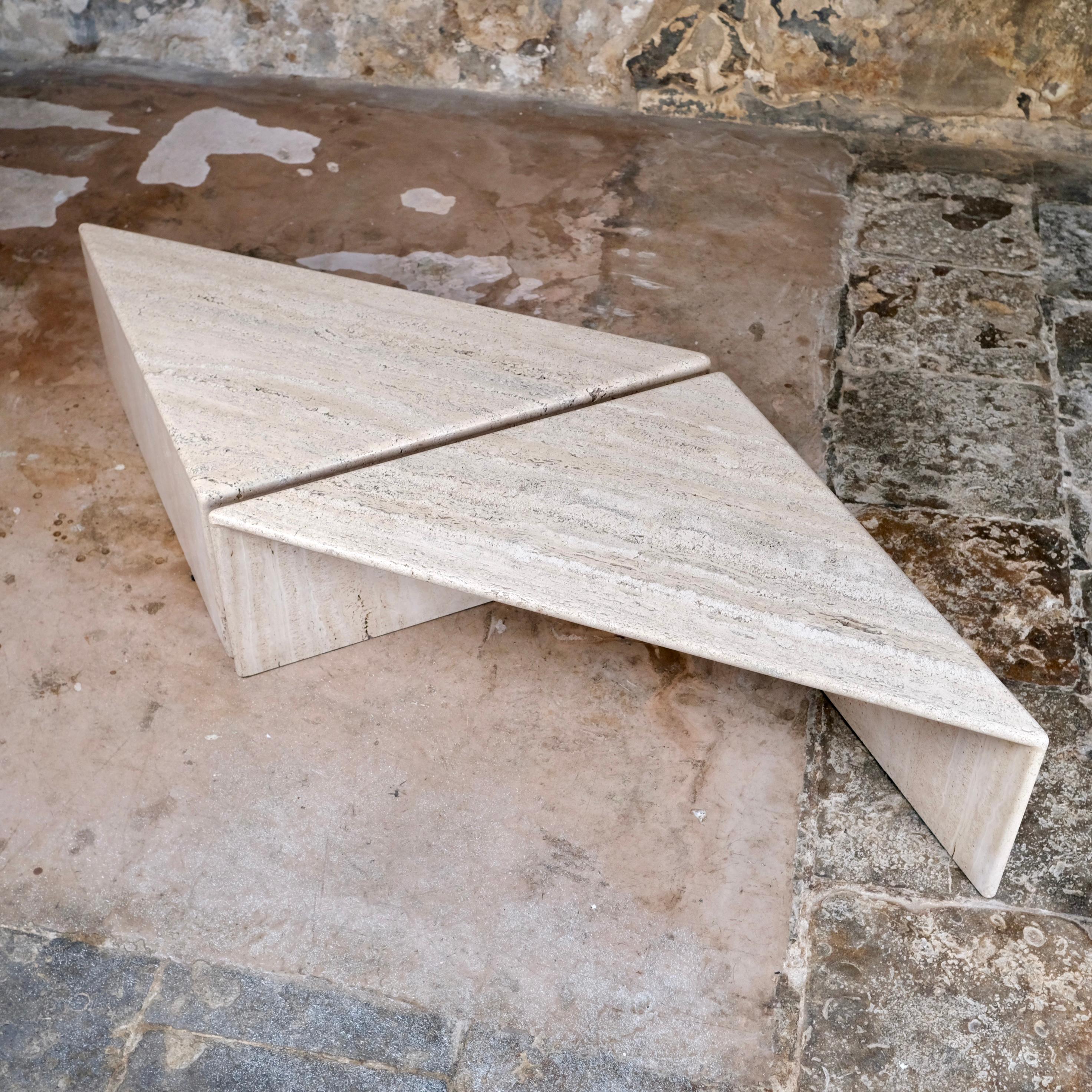 Pair of travertine angle coffee tables, Ligne Roset, France, 1970s 2