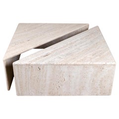 Pair of travertine angle coffee tables, Ligne Roset, France, 1970s