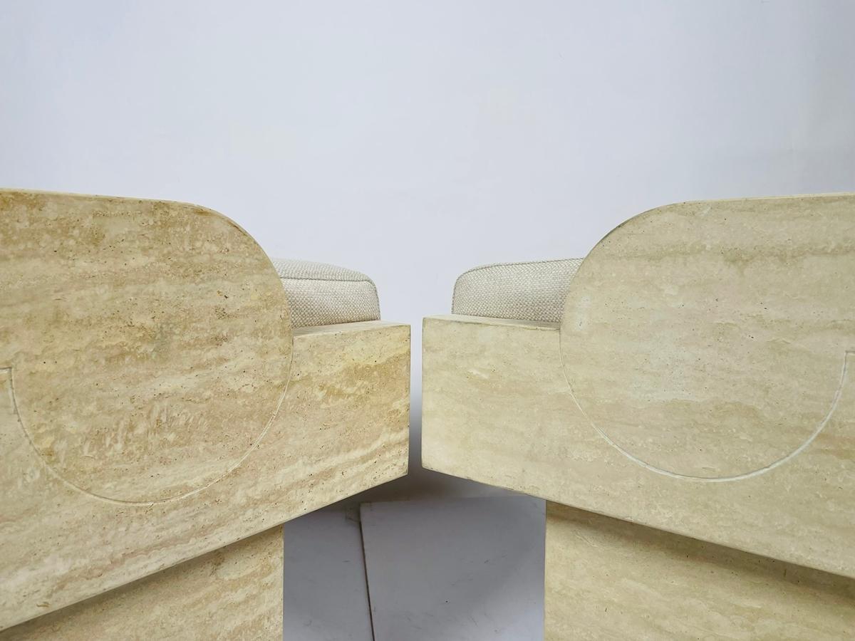 Pair of Travertine Arm Chairs Attb to Stéphane Parmentier For Sale 3