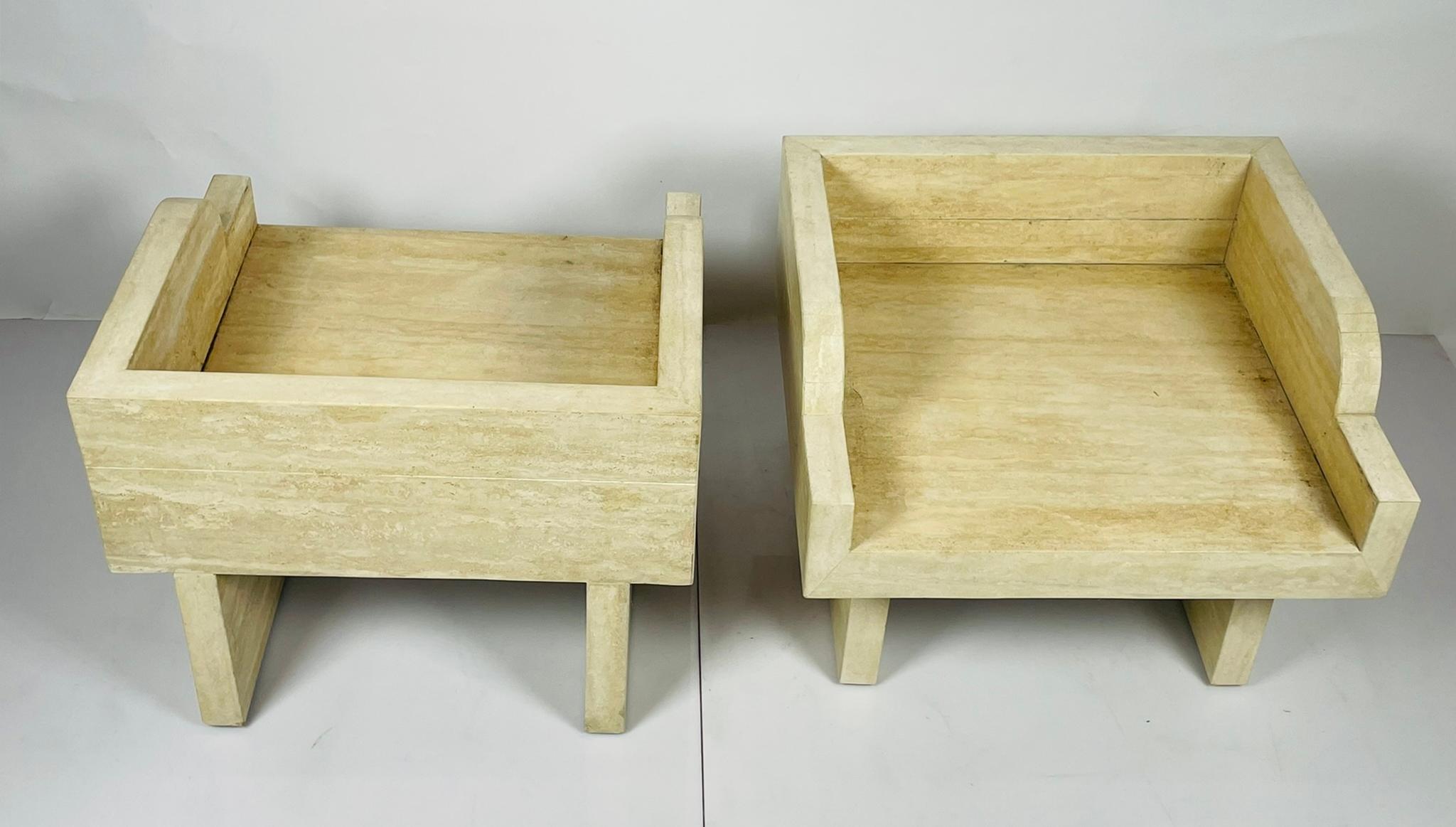 Pair of Travertine Arm Chairs Attb to Stéphane Parmentier For Sale 4
