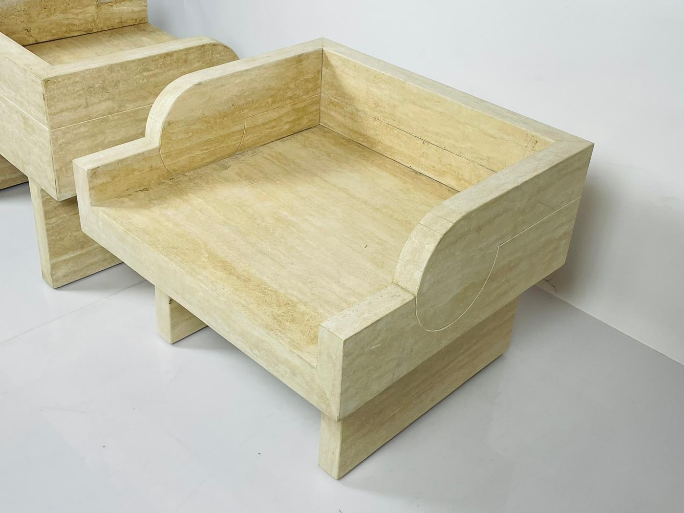 Pair of Travertine Arm Chairs Attb to Stéphane Parmentier For Sale 5