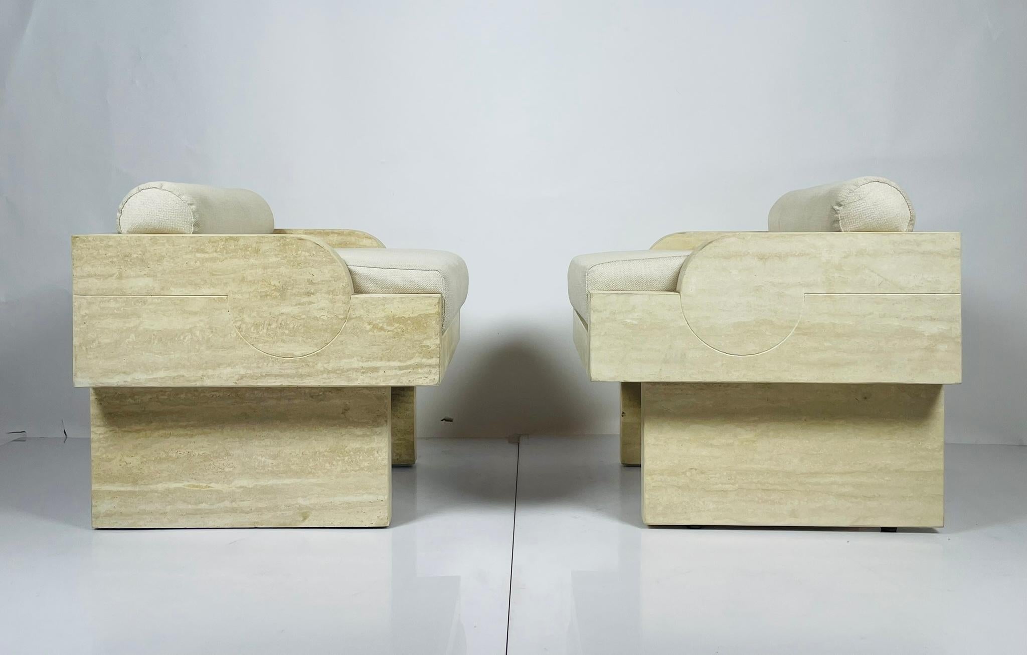 Modern Pair of Travertine Arm Chairs Attb to Stéphane Parmentier For Sale