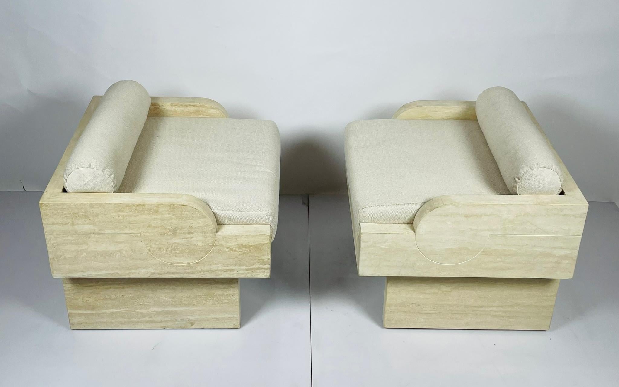 French Pair of Travertine Arm Chairs Attb to Stéphane Parmentier For Sale
