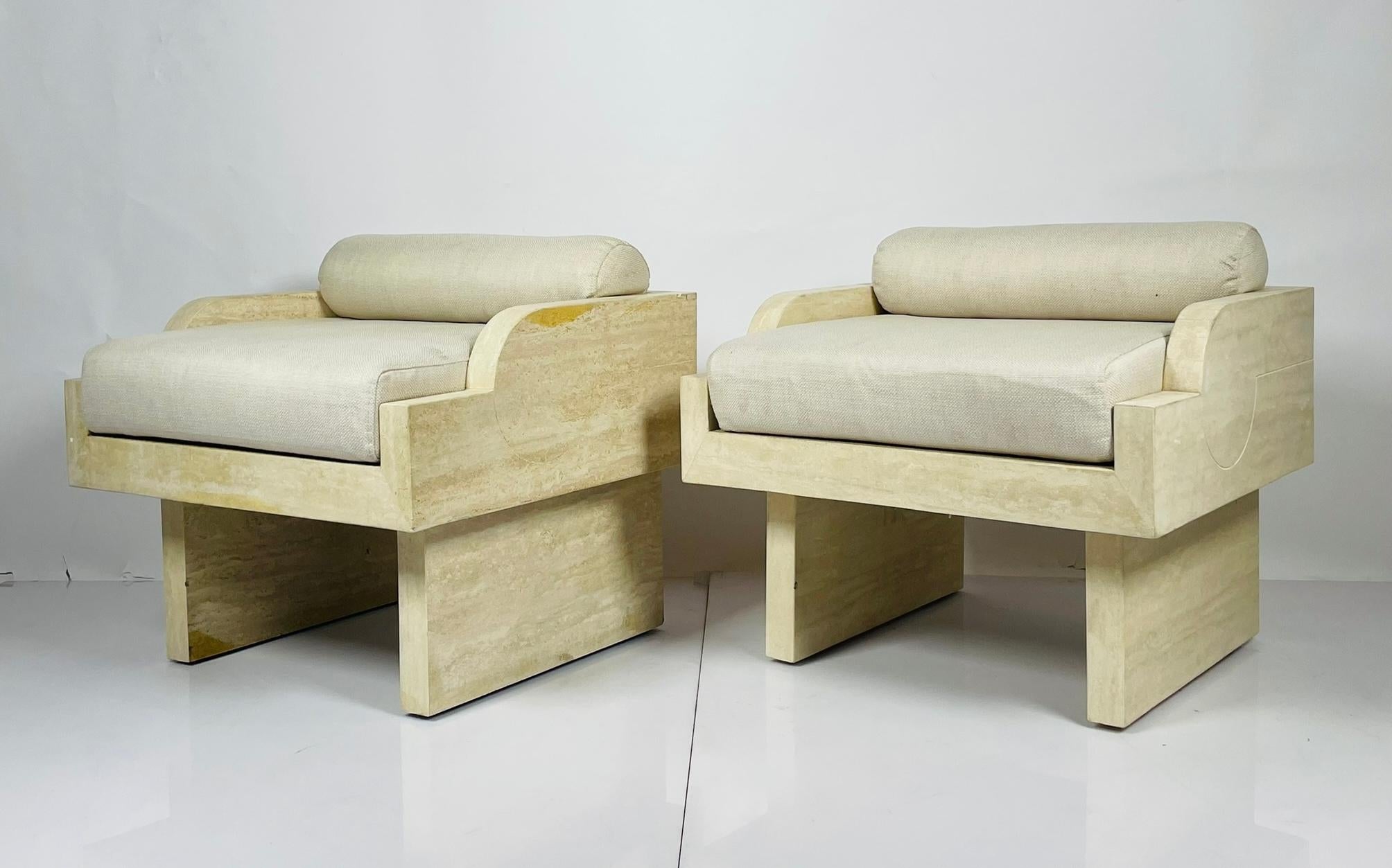 Hand-Crafted Pair of Travertine Arm Chairs Attb to Stéphane Parmentier For Sale
