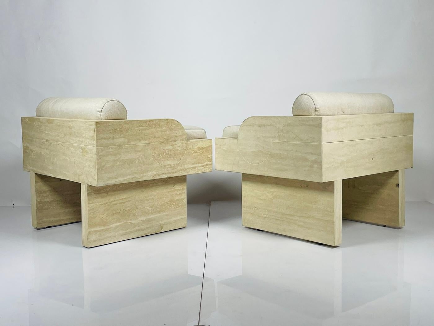 Pair of Travertine Arm Chairs Attb to Stéphane Parmentier In Good Condition For Sale In Los Angeles, CA
