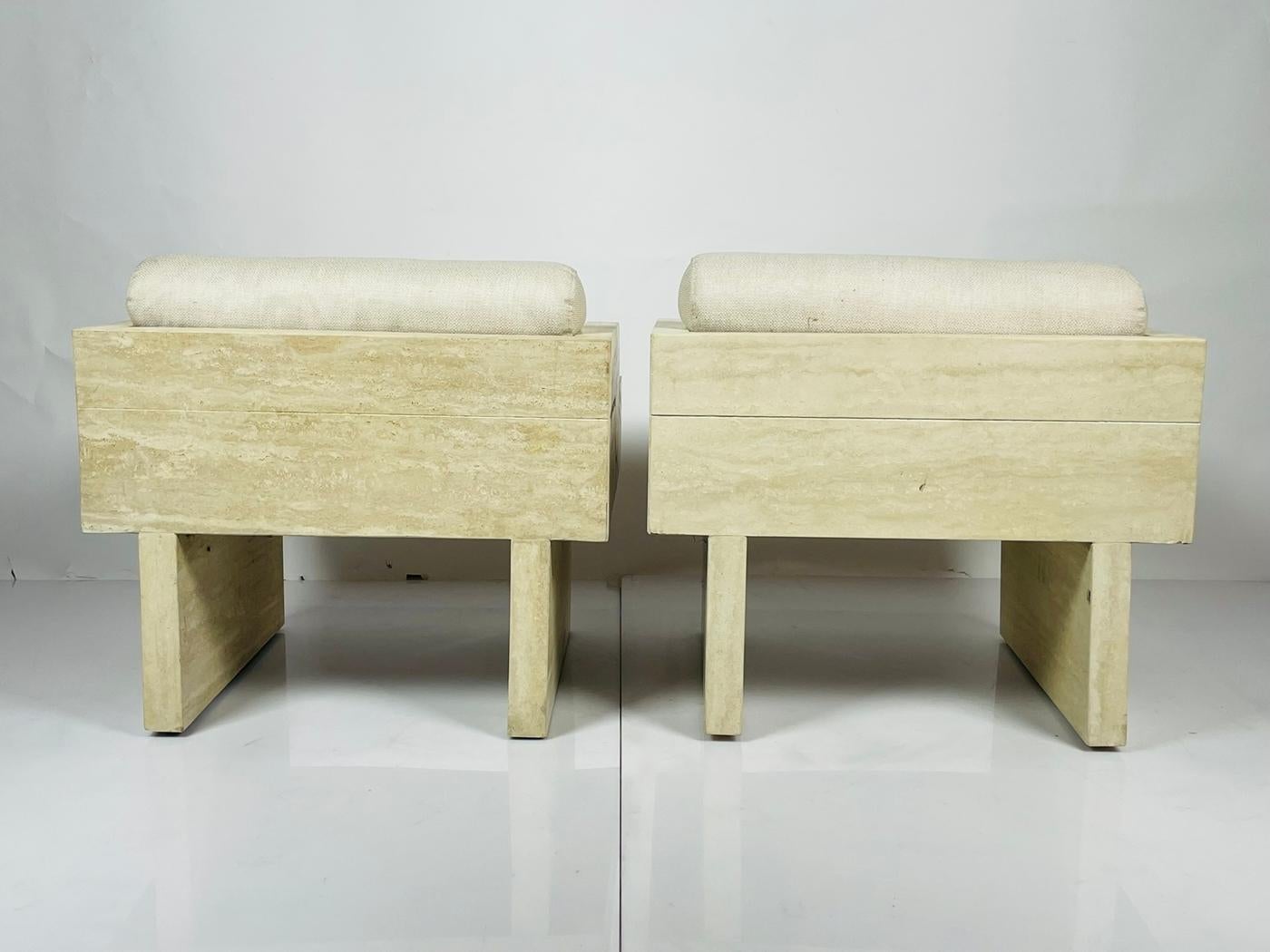 Contemporary Pair of Travertine Arm Chairs Attb to Stéphane Parmentier For Sale