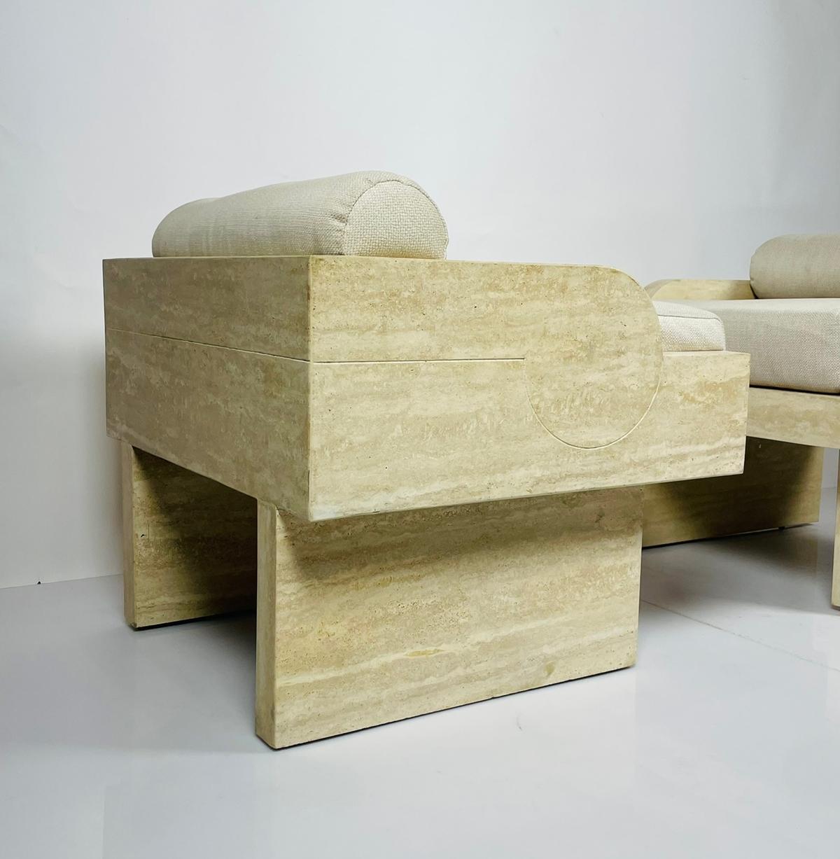 Upholstery Pair of Travertine Arm Chairs Attb to Stéphane Parmentier For Sale