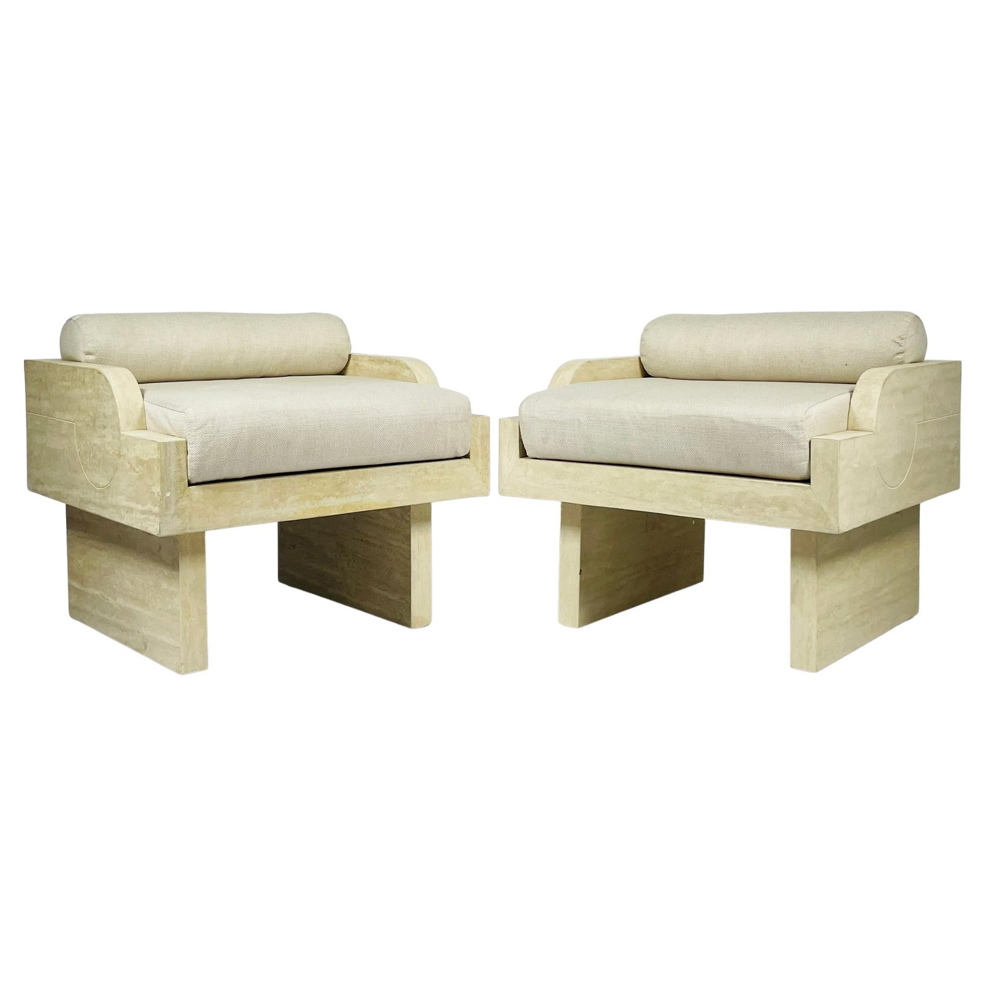 Pair of Travertine Arm Chairs Attb to Stéphane Parmentier For Sale
