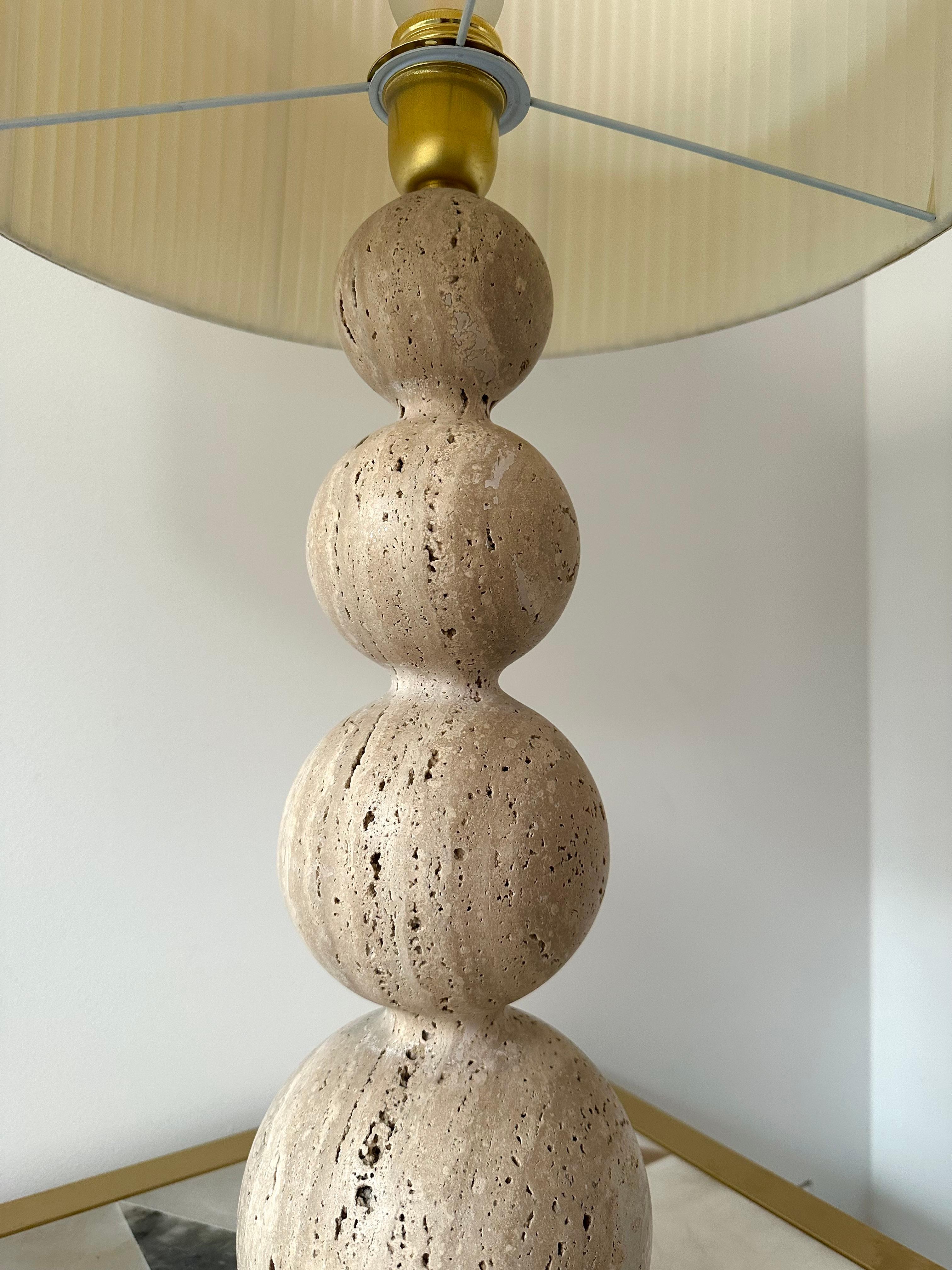 Brass Pair of Travertine Ball Lamps For Sale