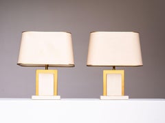Pair of Travertine & Brass Table Lamps, Hollywood Regency - French Riviera 1970s