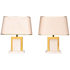 Pair of Travertine & Brass Table Lamps, Hollywood Regency - French Riviera 1970s
