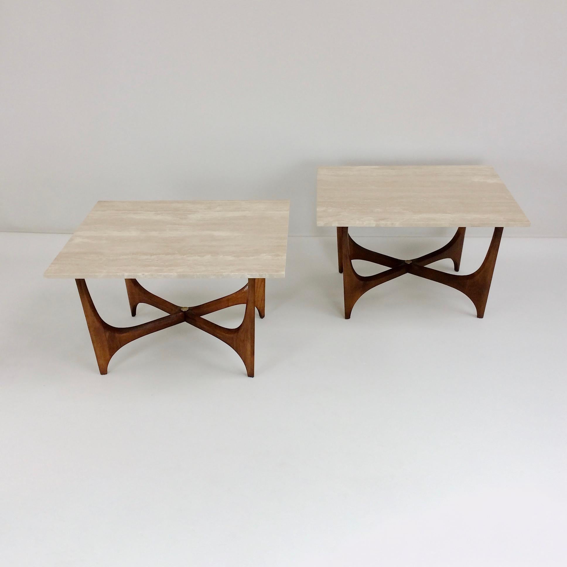 Walnut Pair of Travertine Coffee Tables, circa 1960, United-States