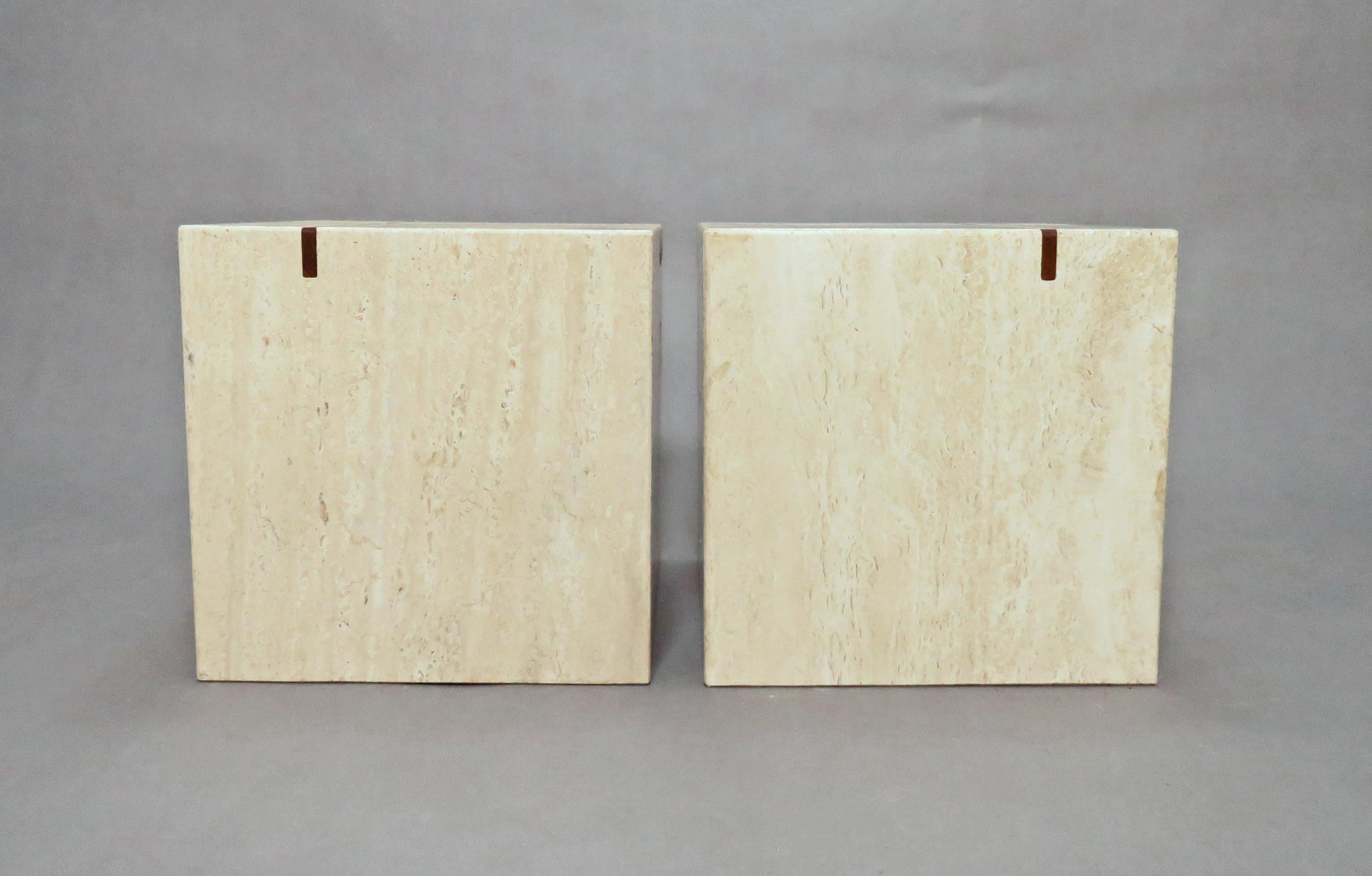Pair of Italian Mid-Century Modern cube form travertine end tables with teak banded inlay, circa 1970s.